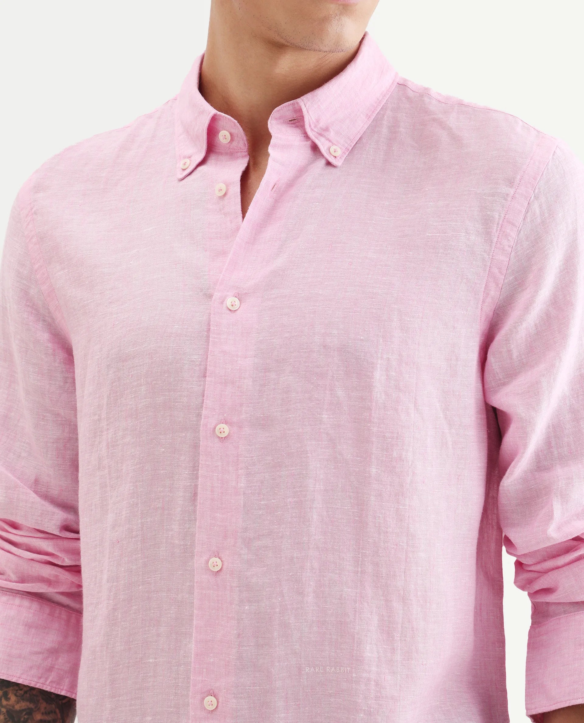 Rare Rabbit Men's Lucis Pink 100% Linen Plain Regular Fit Full Sleeve Collared Shirt