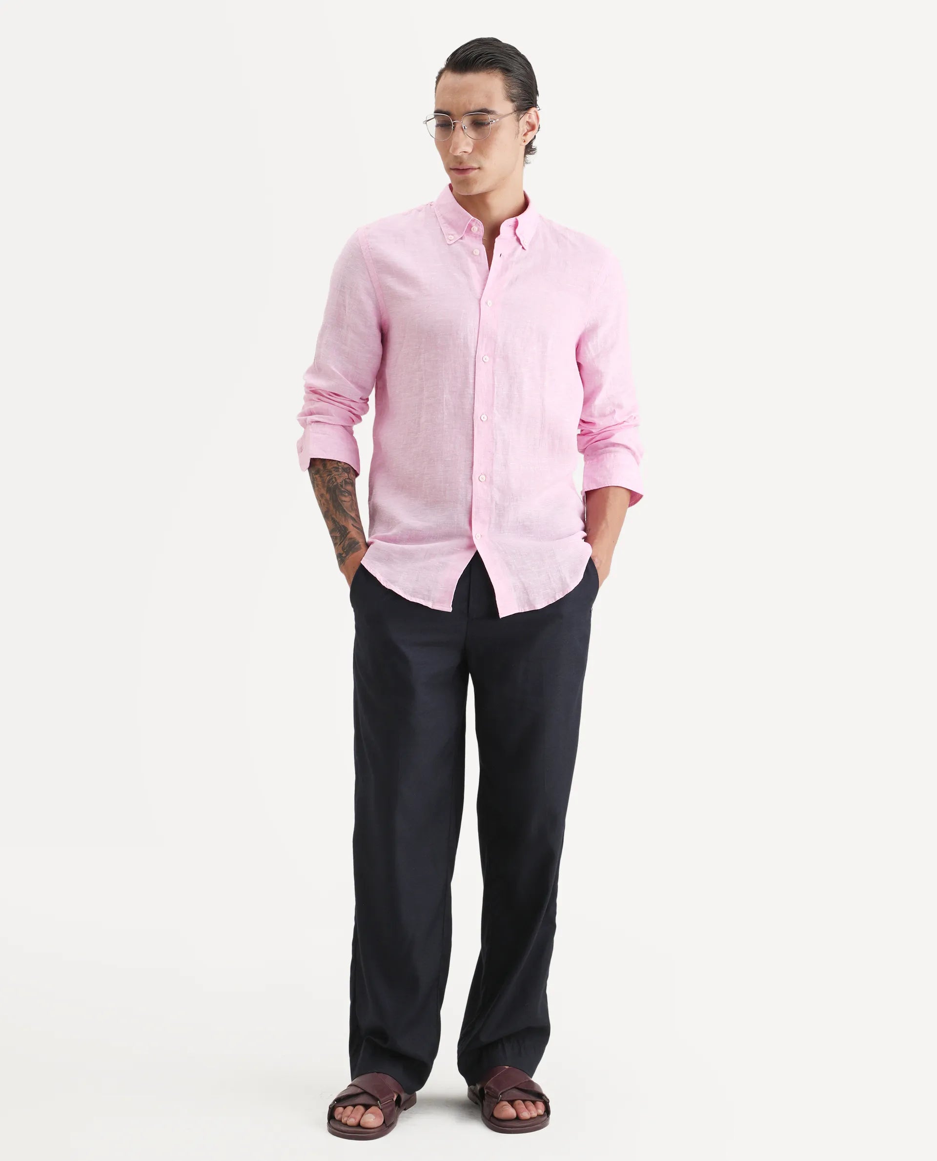 Rare Rabbit Men's Lucis Pink 100% Linen Plain Regular Fit Full Sleeve Collared Shirt