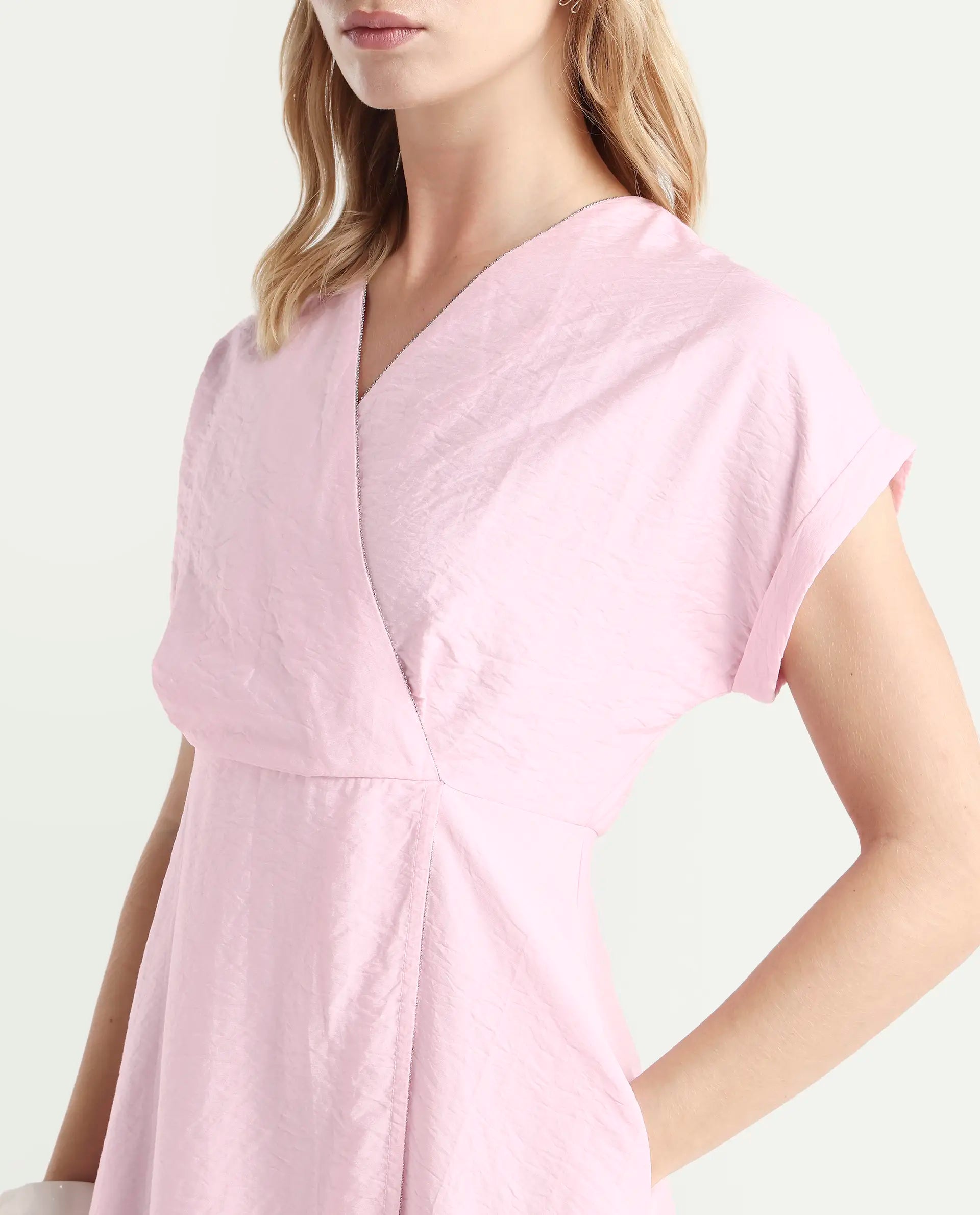 Rareism Women's Jahum Pastel Pink Viscose Blend Extended Sleeves V-Neck Flared Fit Plain Midi Dress