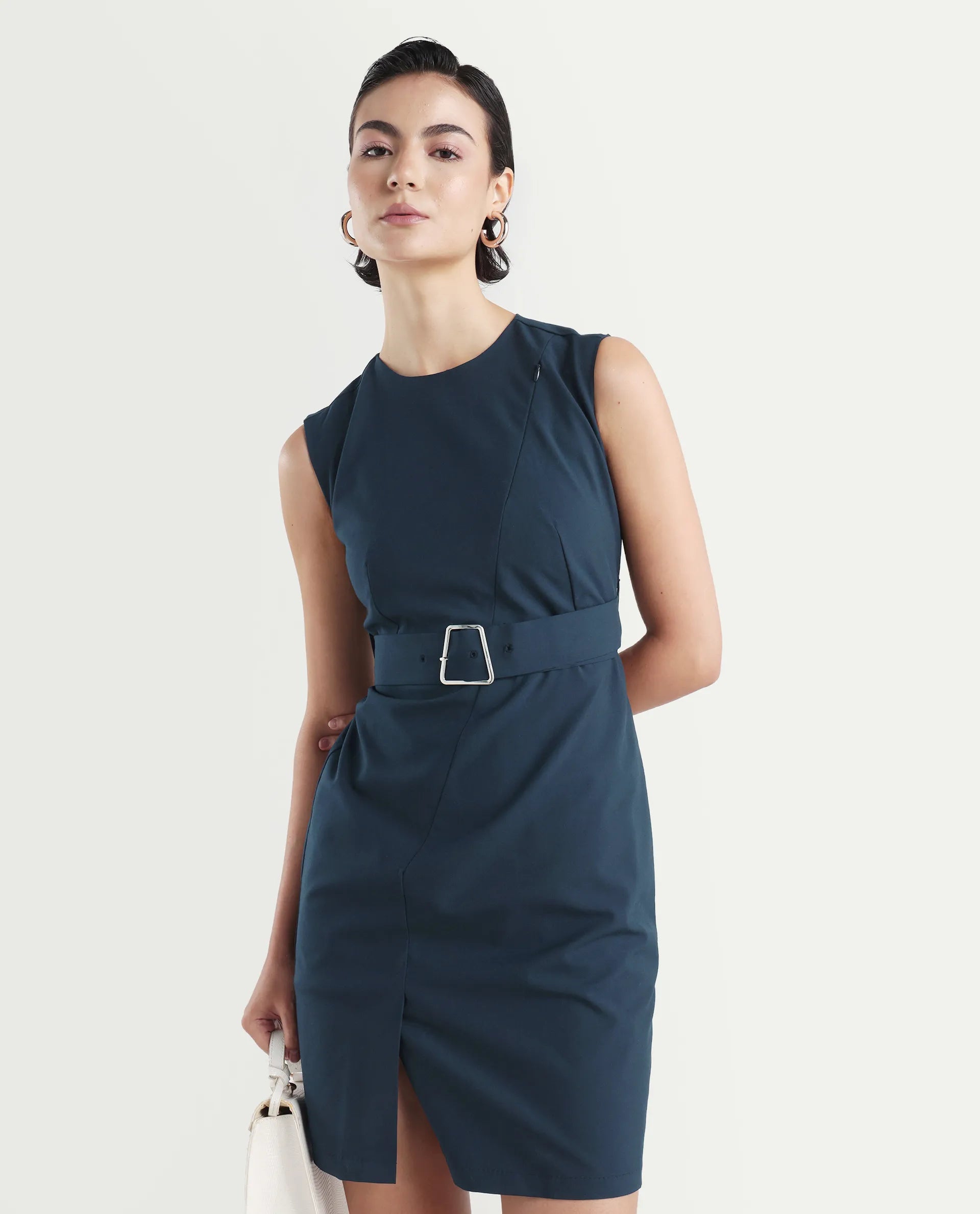 Rareism Women's Jiky Navy Cotton Blend Sleeveless Round Neck Fitted Fit Plain Dress