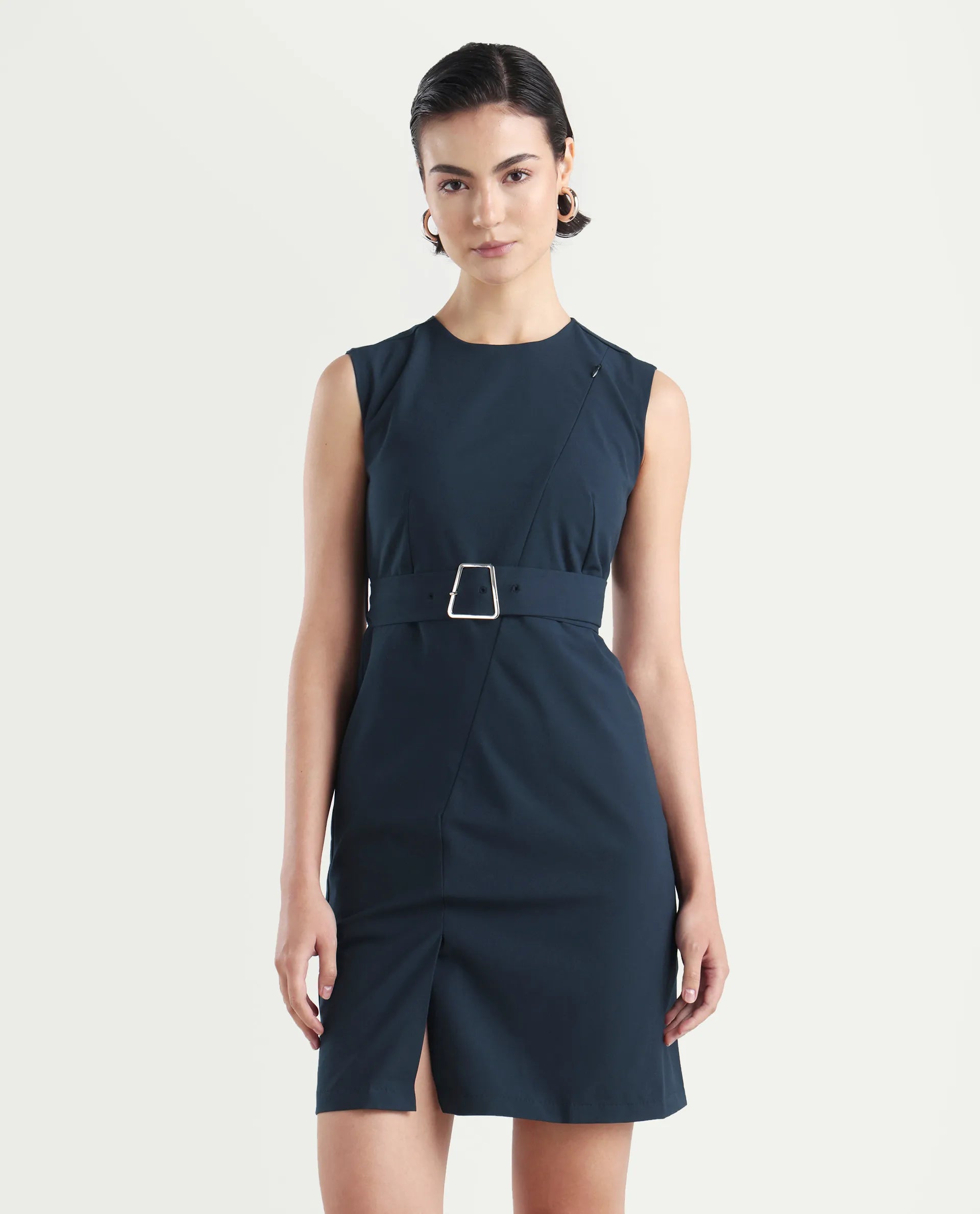 Rareism Women's Jiky Navy Cotton Blend Sleeveless Round Neck Fitted Fit Plain Dress