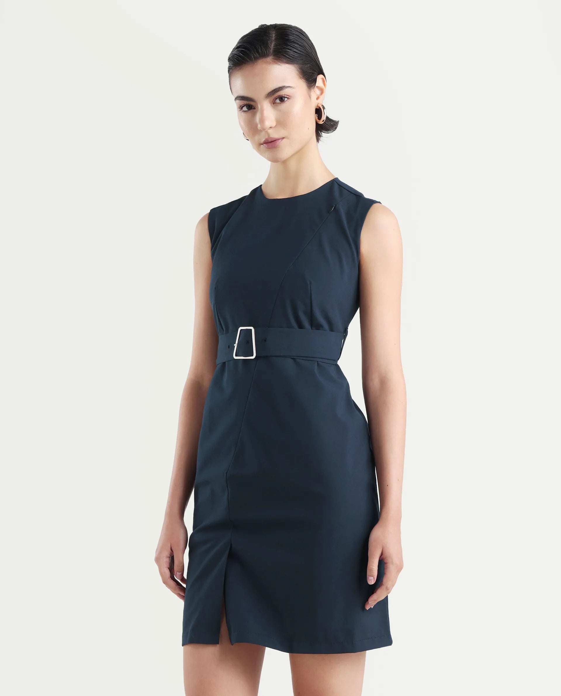 Rareism Women's Jiky Navy Cotton Blend Sleeveless Round Neck Fitted Fit Plain Dress