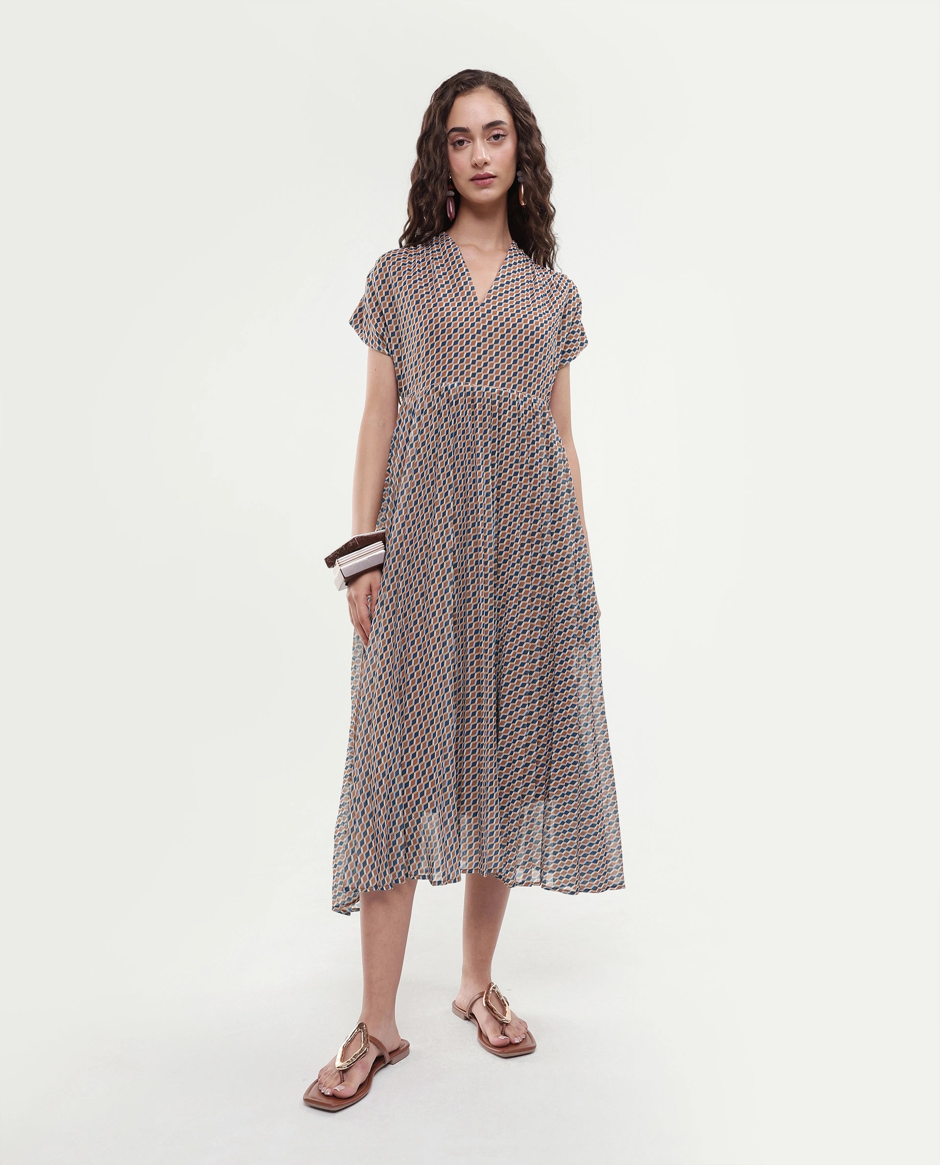 Rareism Women's Jurem Multi Polyester V-Neck Fit And Flare Printed Dress