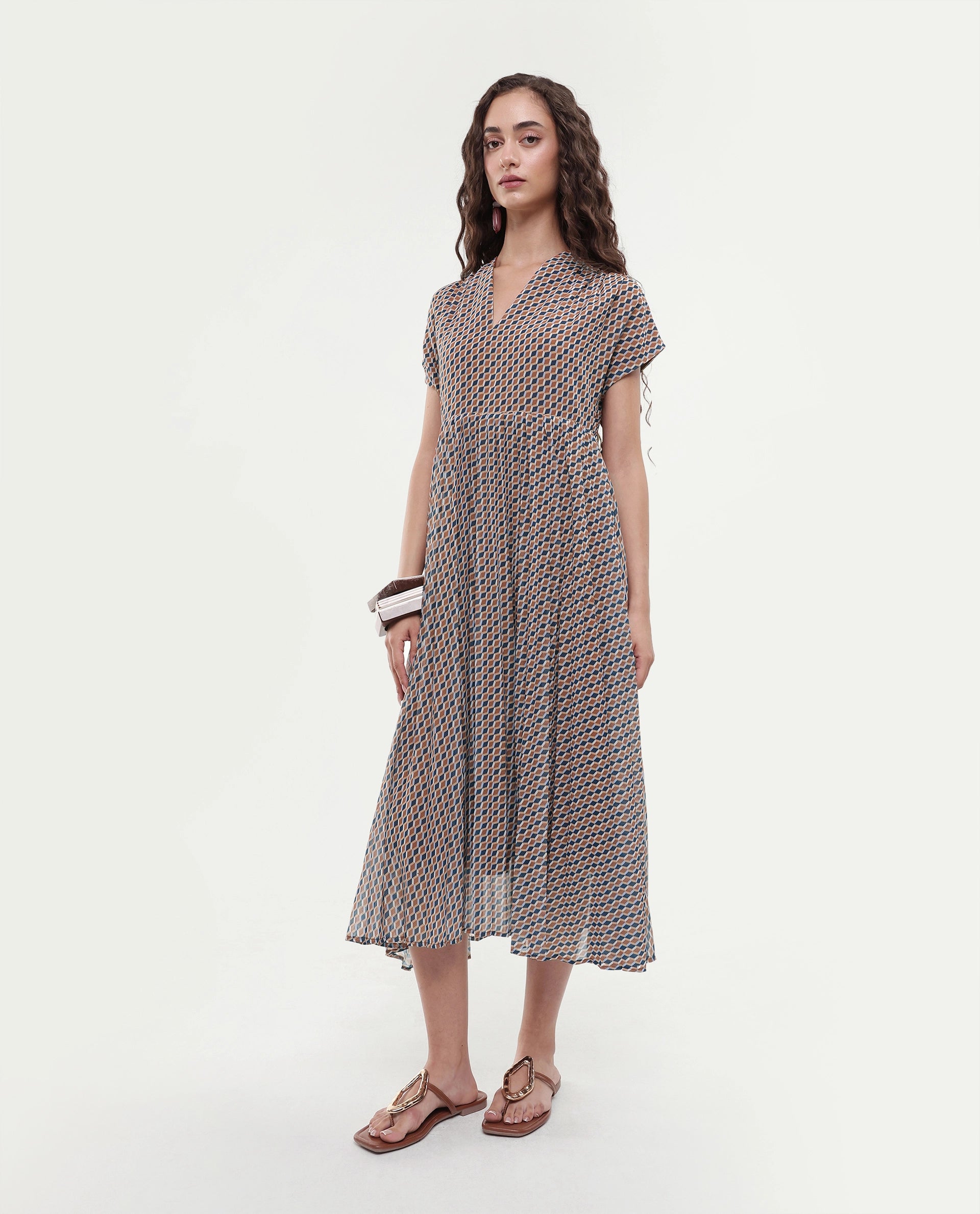 Rareism Women's Jurem Multi Polyester V-Neck Fit And Flare Printed Dress