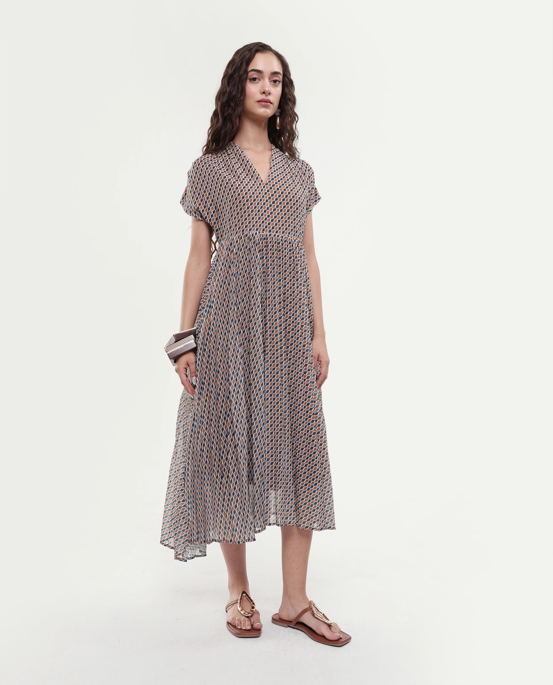 Rareism Women's Jurem Multi Polyester V-Neck Fit And Flare Printed Dress