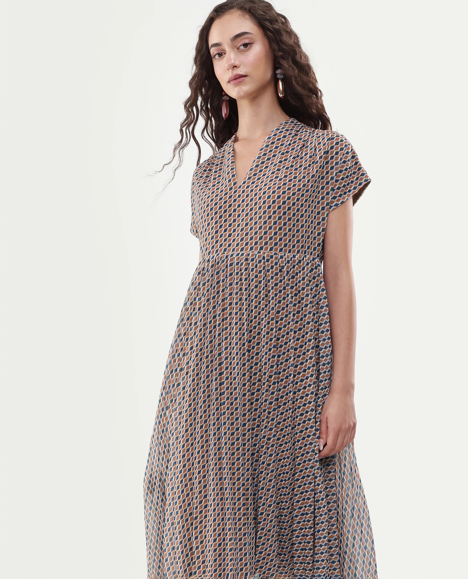 Rareism Women's Jurem Multi Polyester V-Neck Fit And Flare Printed Dress