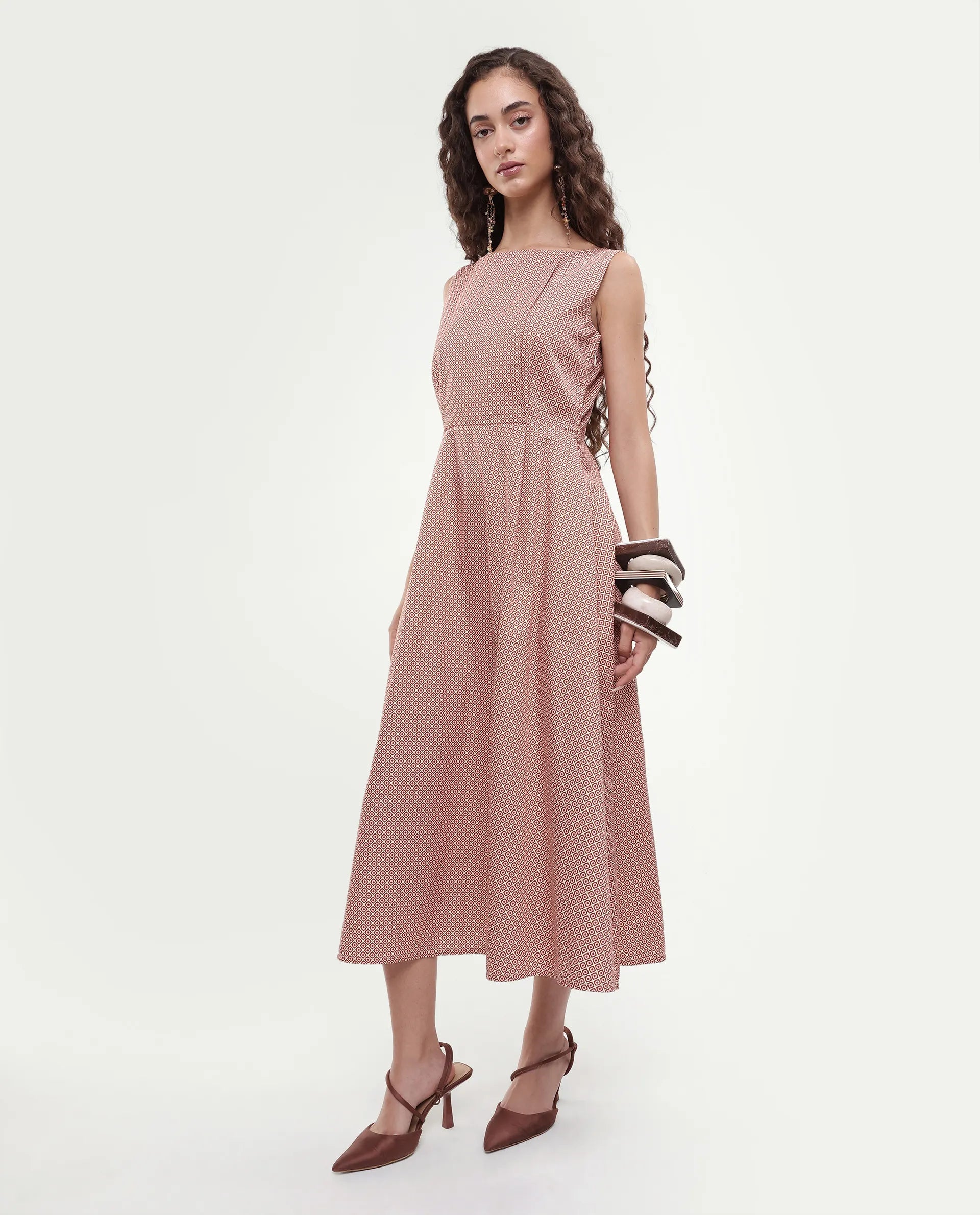 Rareism Women's Jexor Pink Cotton Boat Neck A-Line Printed Midi Dress
