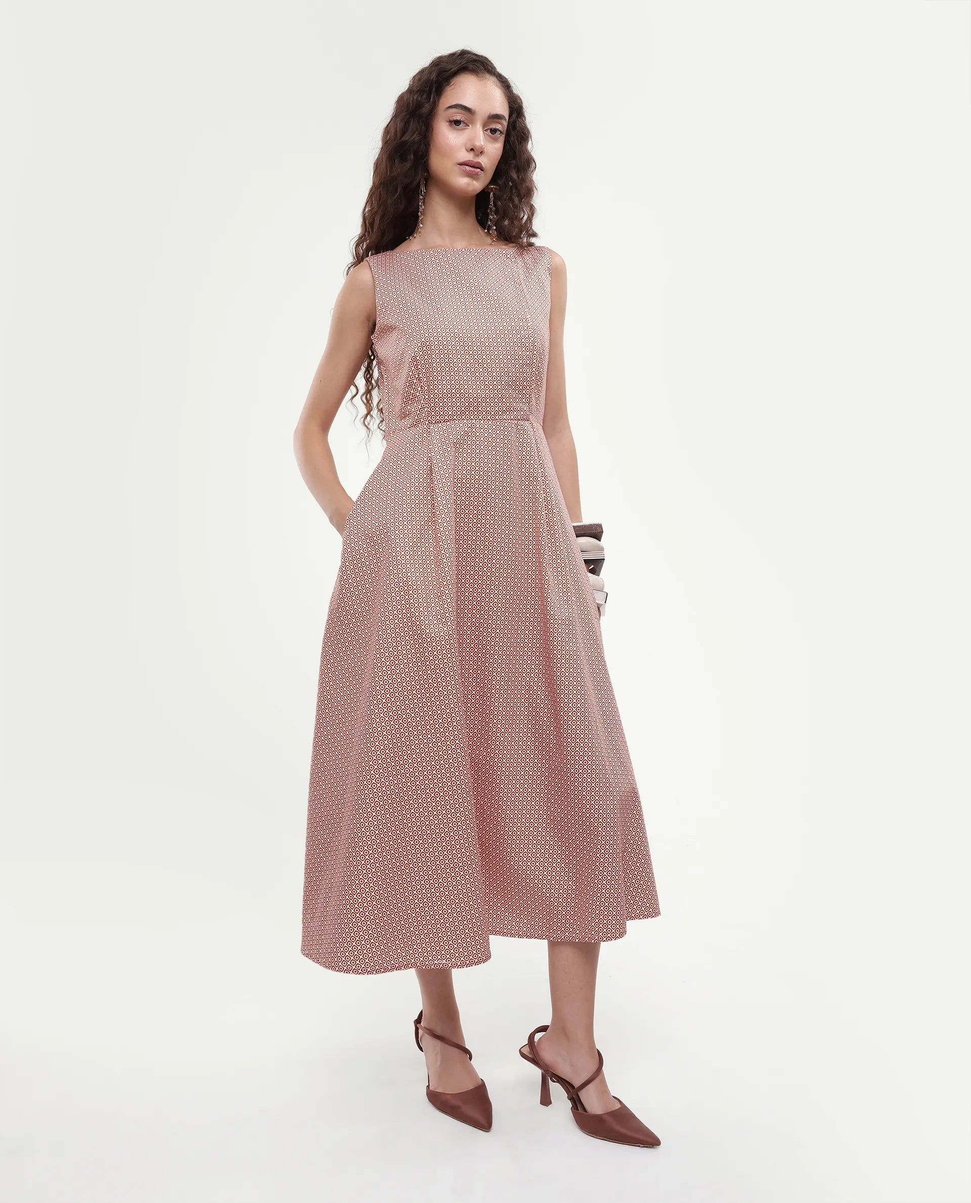 Rareism Women's Jexor Pink Cotton Boat Neck A-Line Printed Midi Dress