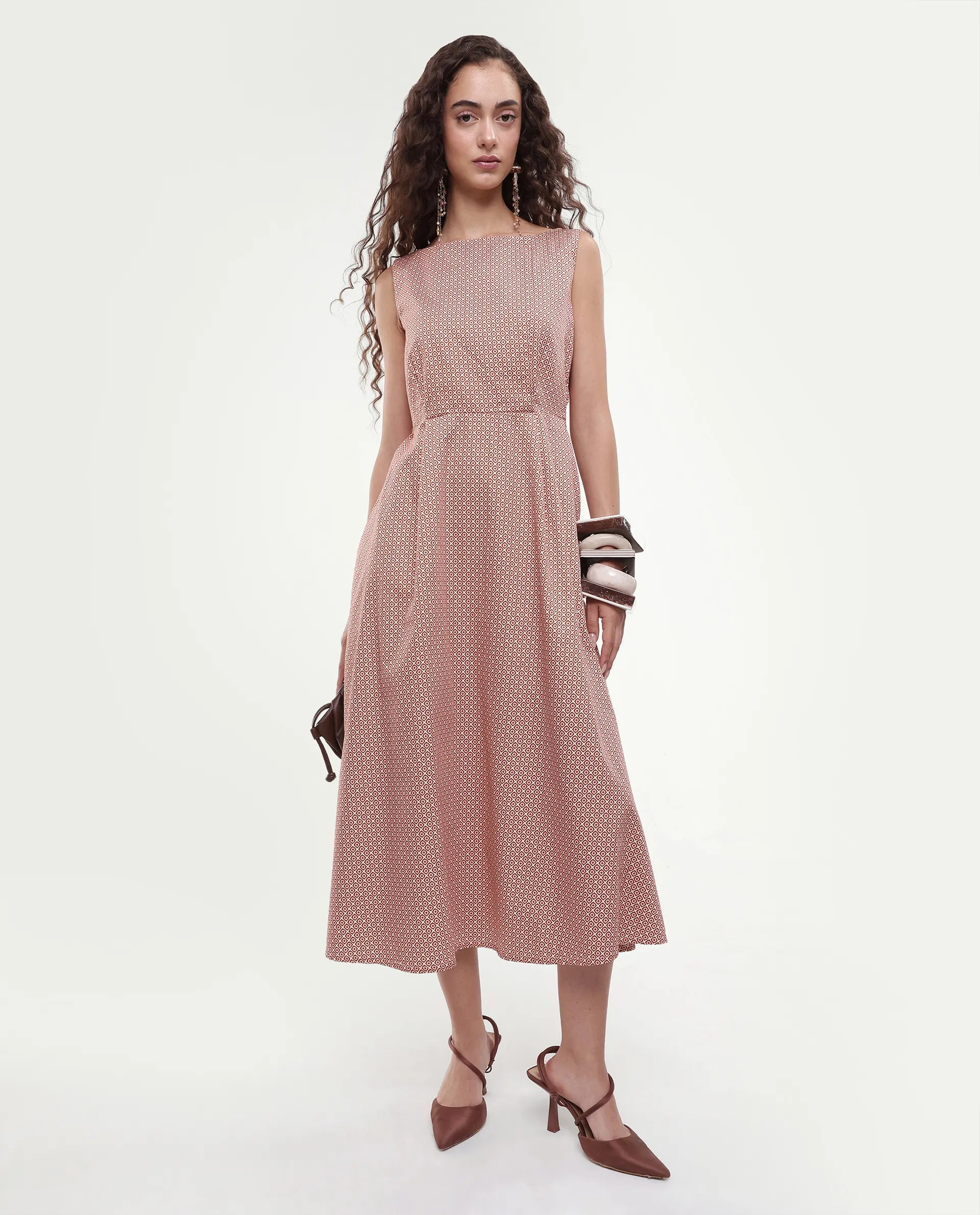 Rareism Women's Jexor Pink Cotton Boat Neck A-Line Printed Midi Dress