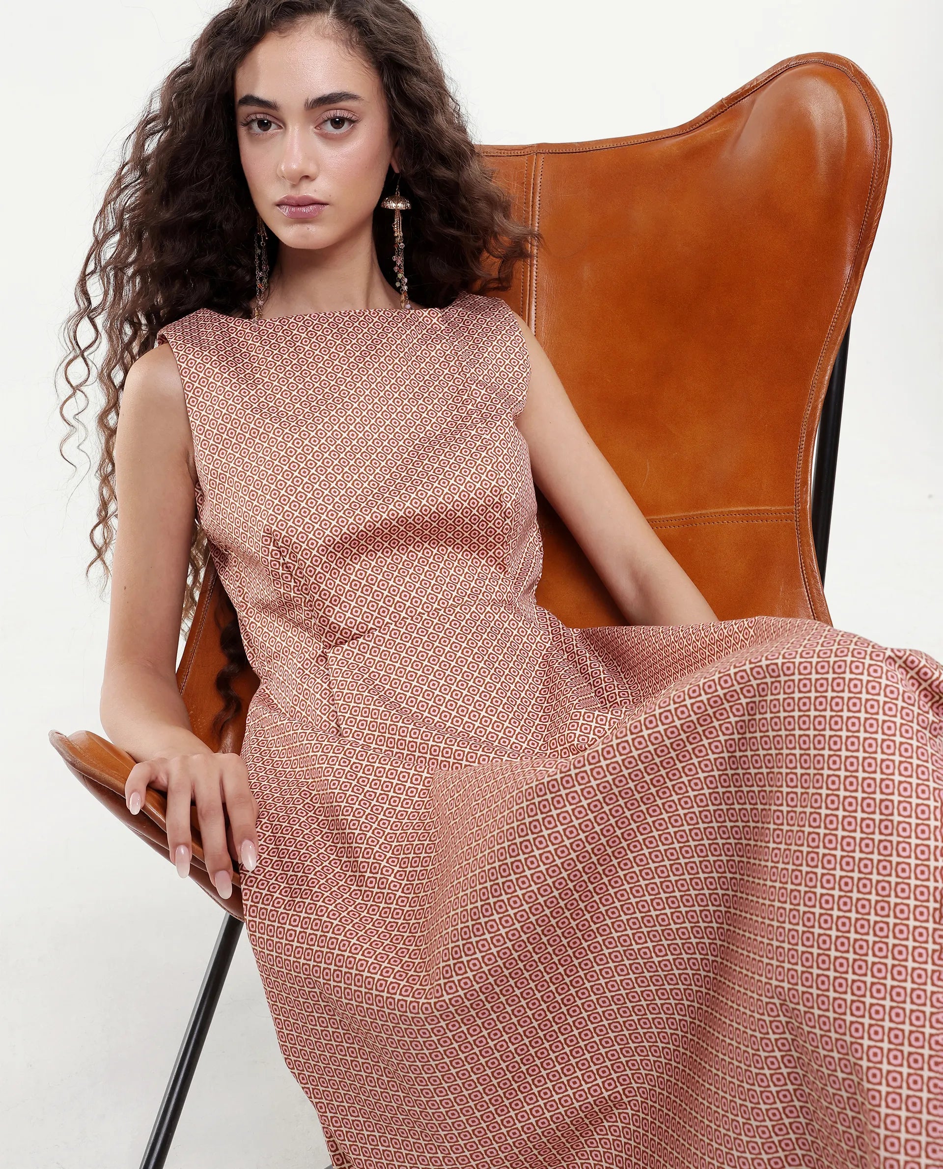 Rareism Women's Jexor Pink Cotton Boat Neck A-Line Printed Midi Dress