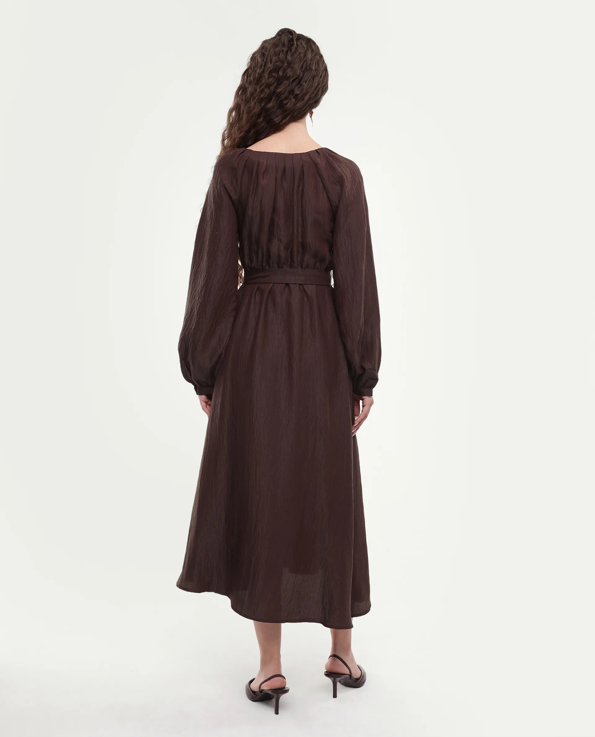 Rareism Women's Jumi Dark Brown Viscose Blend Raglan Sleeves V-Neck Flared Fit Plain Dress
