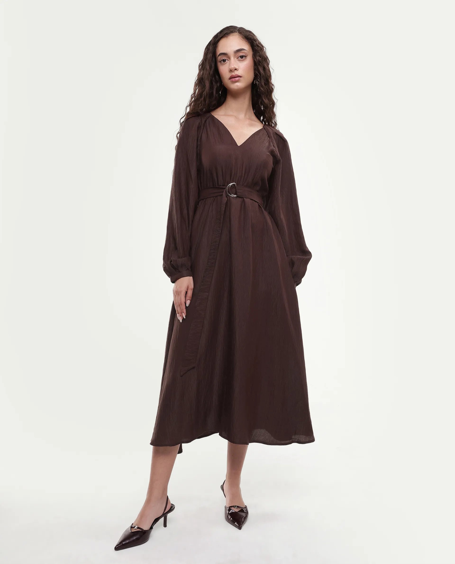 Rareism Women's Jumi Dark Brown Viscose Blend Raglan Sleeves V-Neck Flared Fit Plain Dress