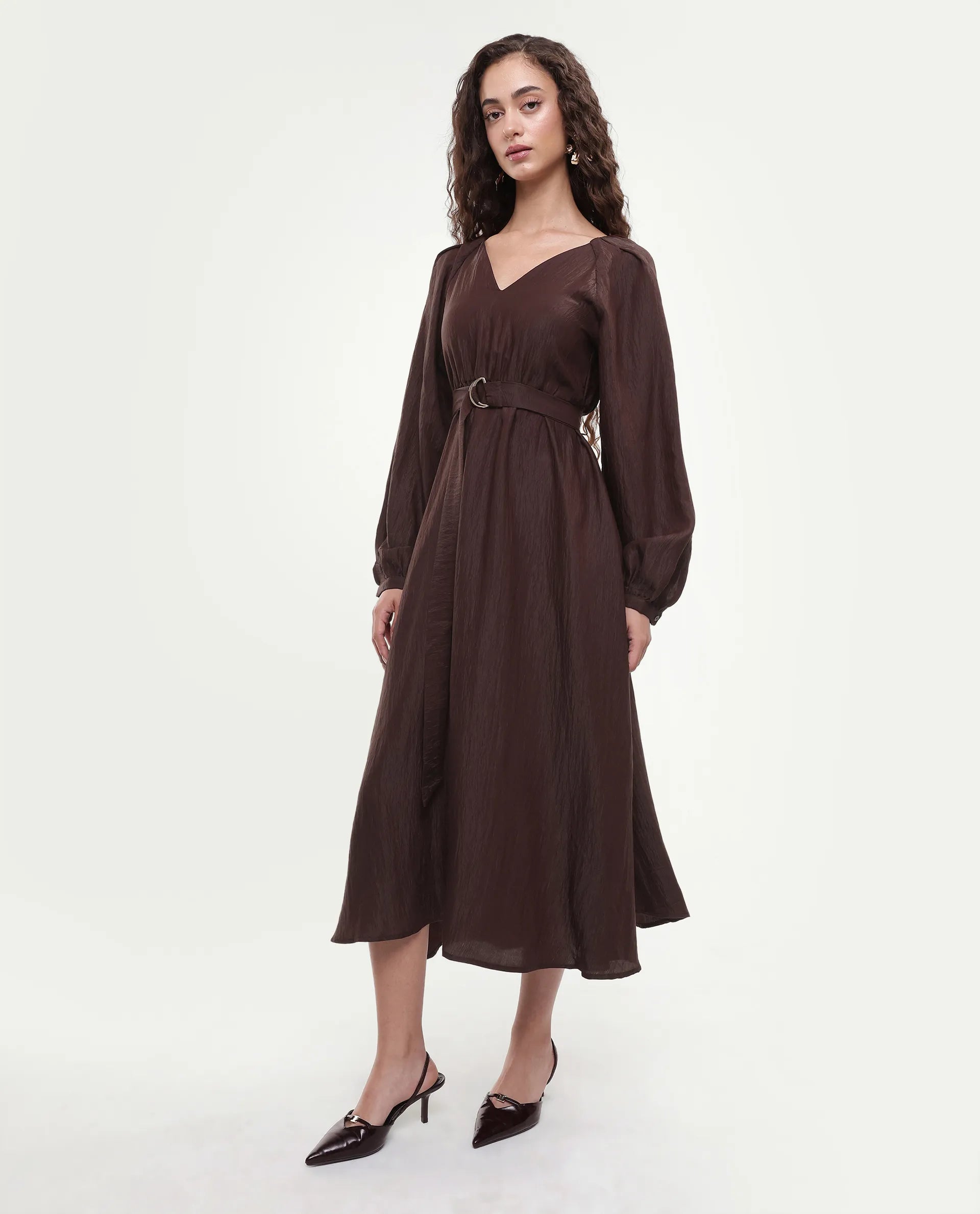 Rareism Women's Jumi Dark Brown Viscose Blend Raglan Sleeves V-Neck Flared Fit Plain Dress