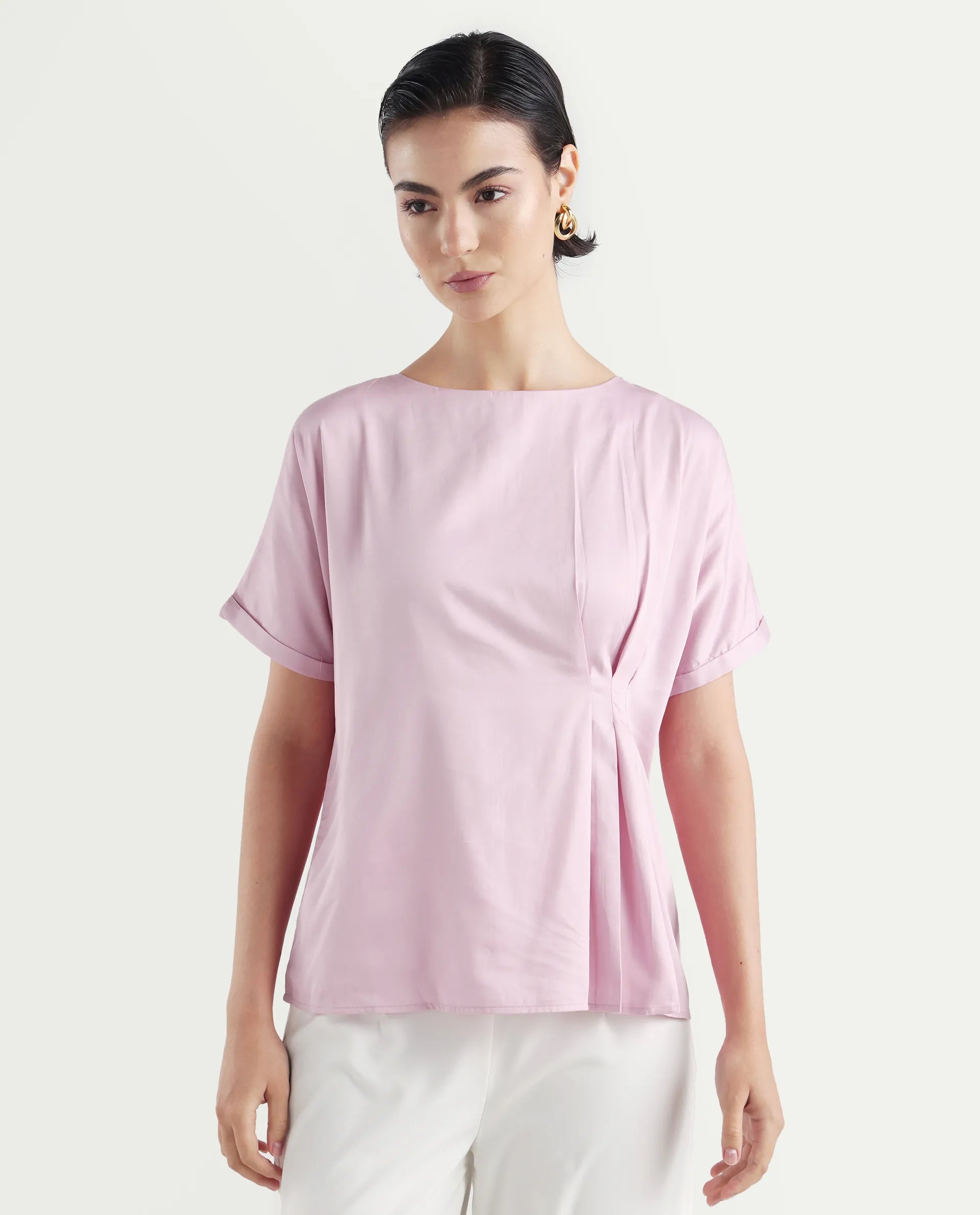 Rareism Women's Niyol Dusky Pink Cotton Blend Round Neck Regular Fit Plain Top