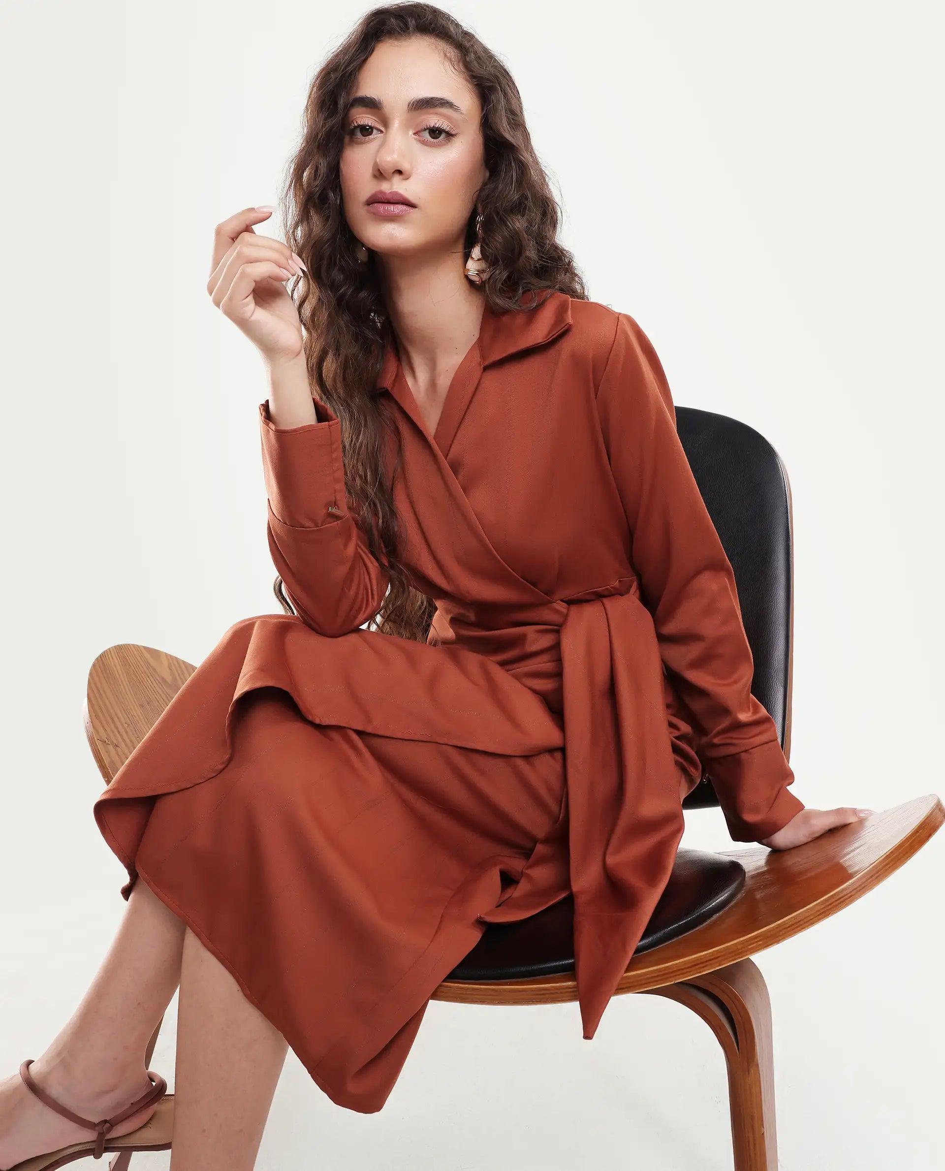 Rareism Women's Jenlin Rust Polyester Blend Full Sleeve Jonny Collar Straight Fit Dress