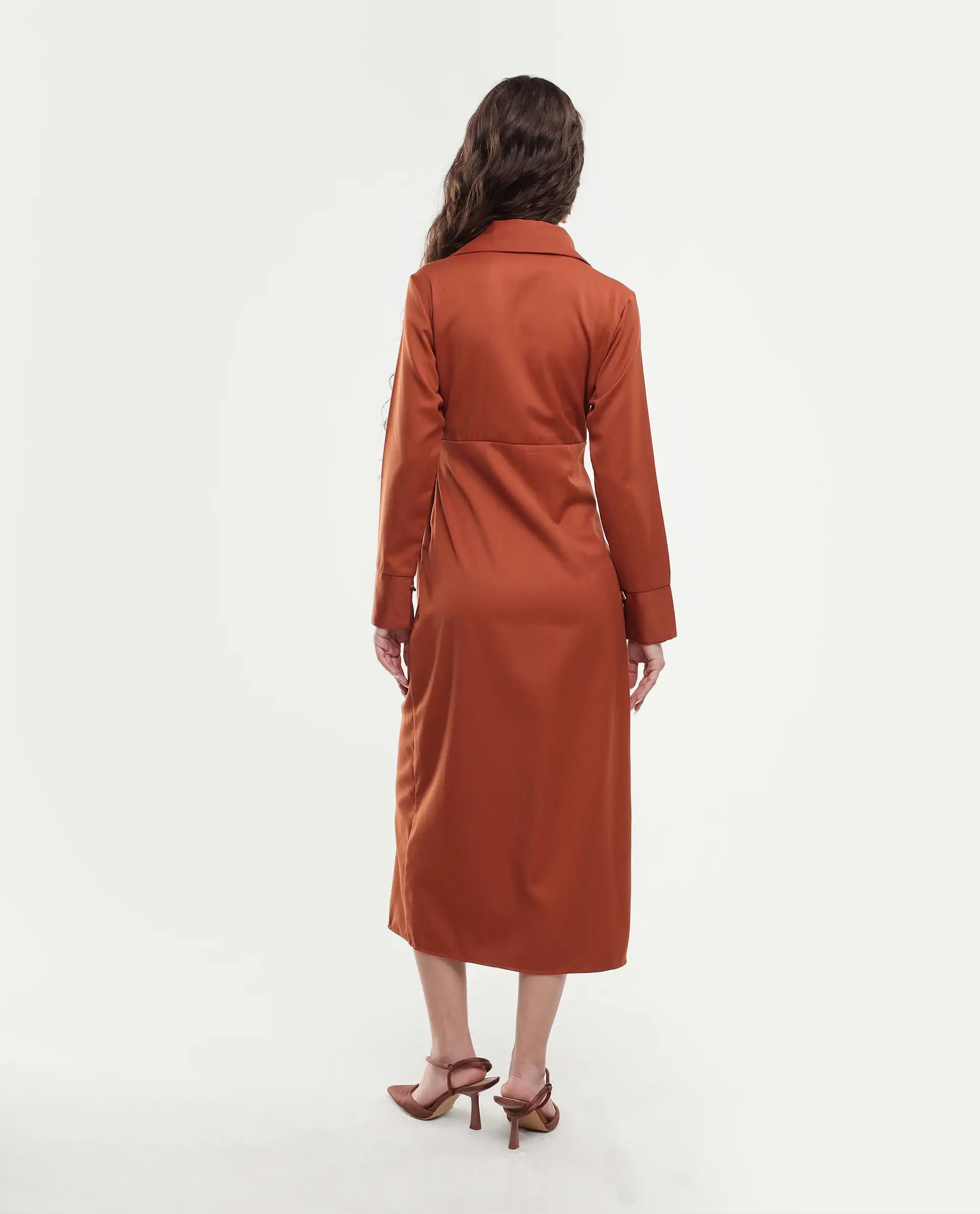 Rareism Women's Jenlin Rust Polyester Blend Full Sleeve Jonny Collar Straight Fit Dress