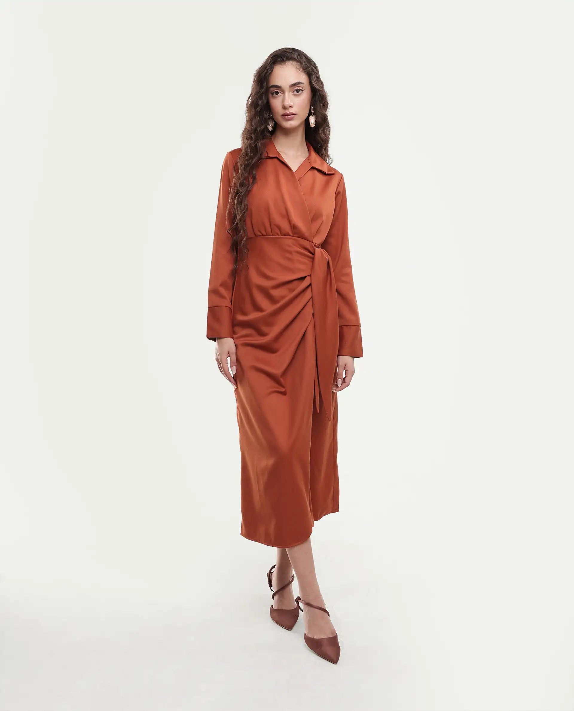 Rareism Women's Jenlin Rust Polyester Blend Full Sleeve Jonny Collar Straight Fit Dress