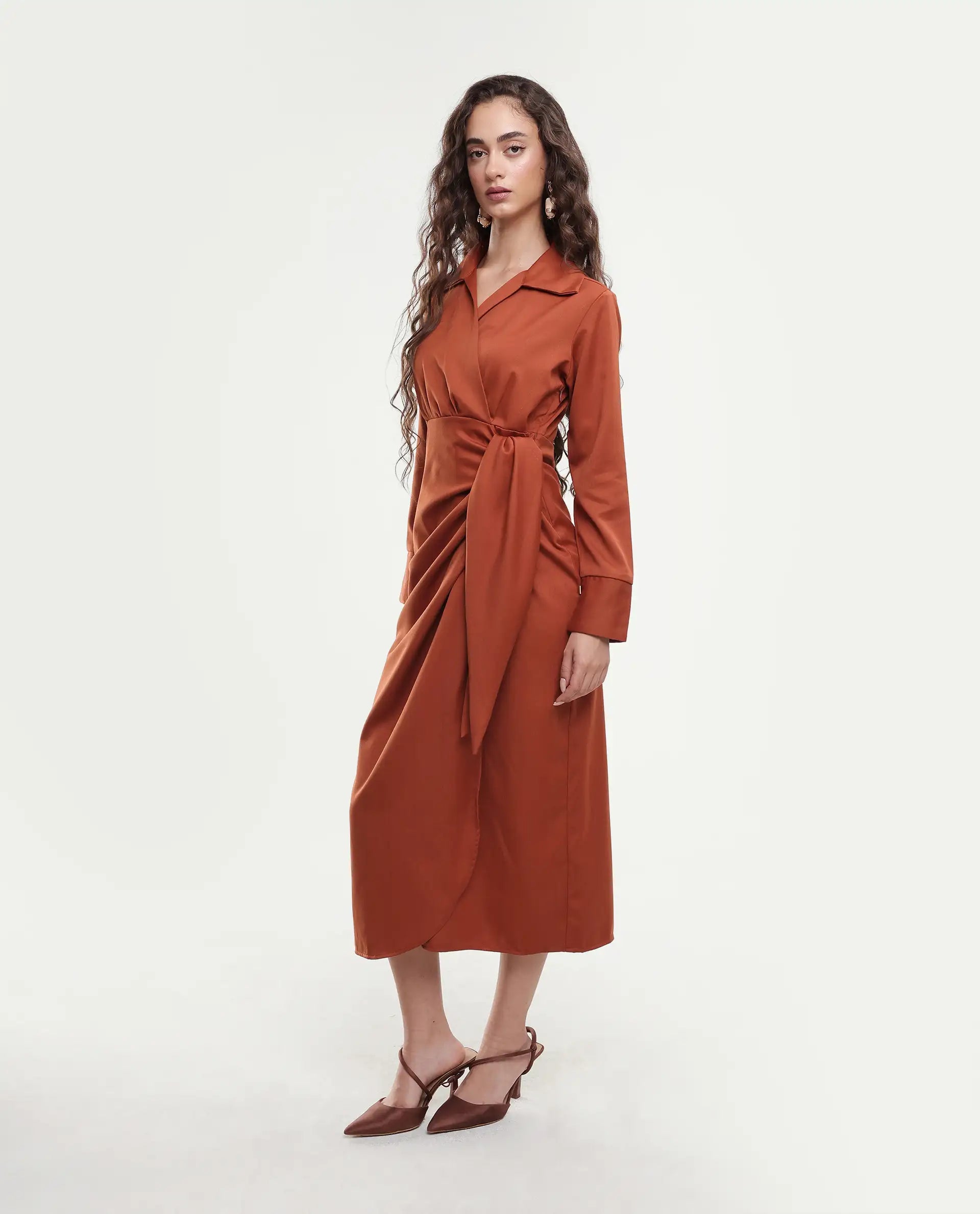 Rareism Women's Jenlin Rust Polyester Blend Full Sleeve Jonny Collar Straight Fit Dress