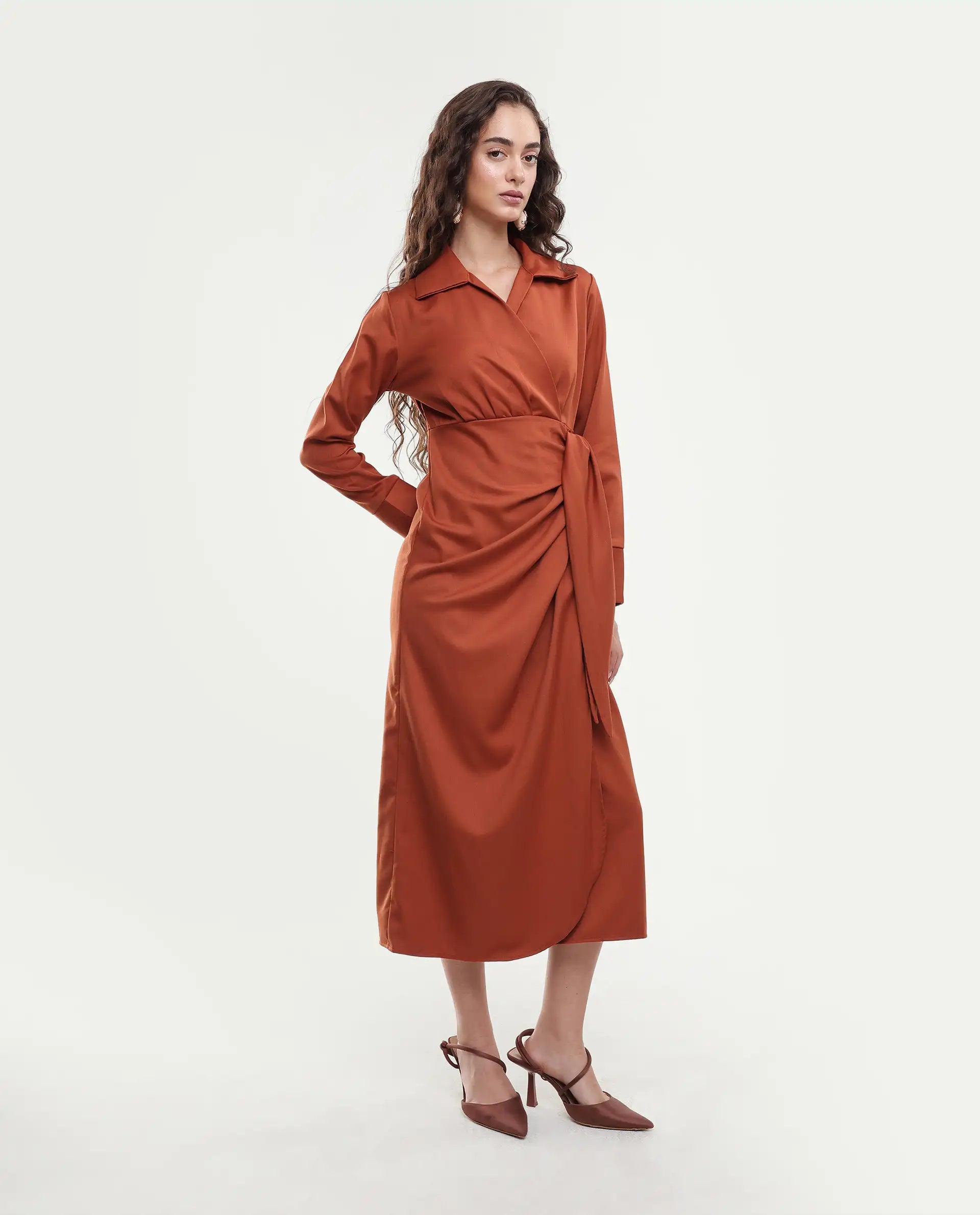 Rareism Women's Jenlin Rust Polyester Blend Full Sleeve Jonny Collar Straight Fit Dress
