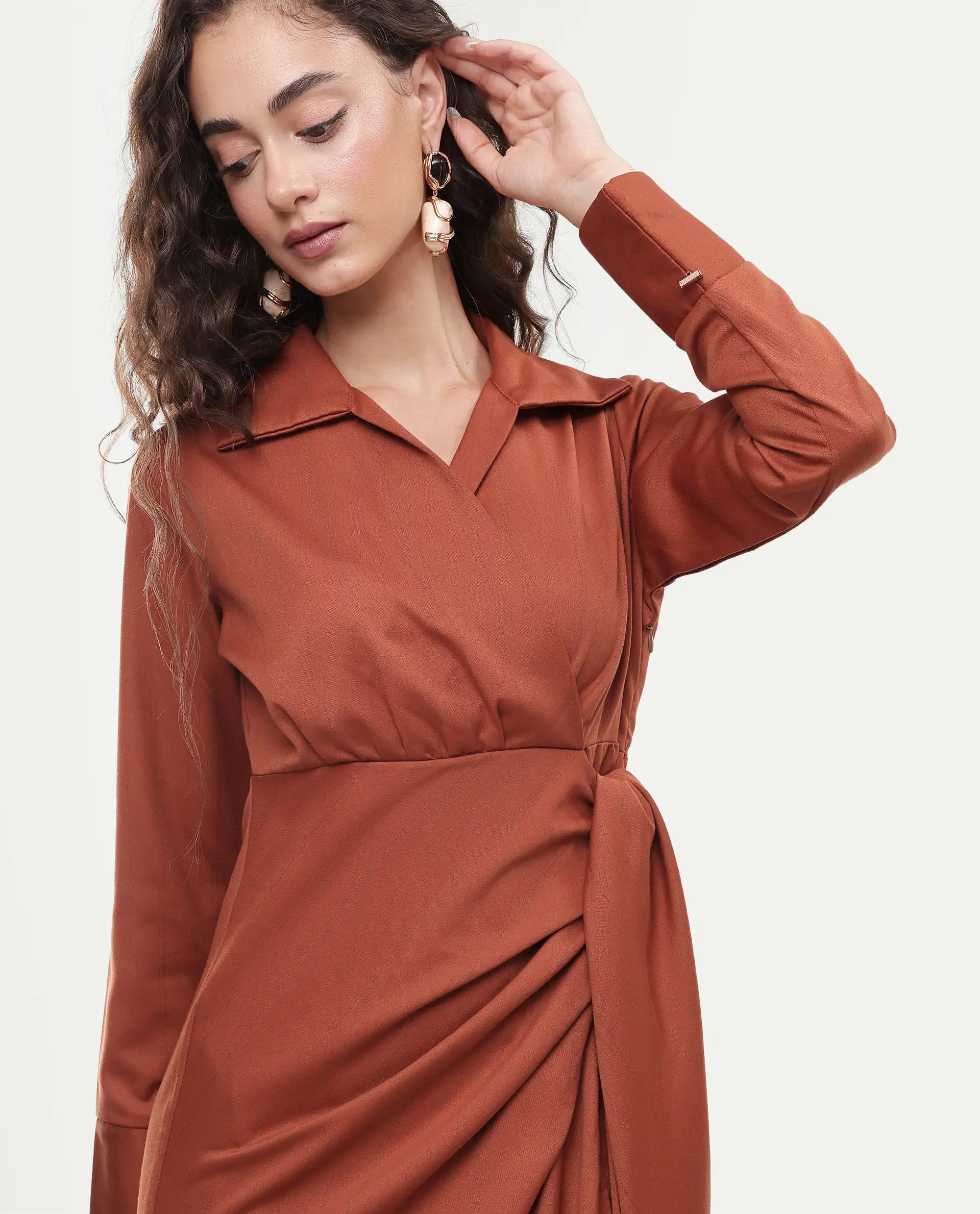 Rareism Women's Jenlin Rust Polyester Blend Full Sleeve Jonny Collar Straight Fit Dress