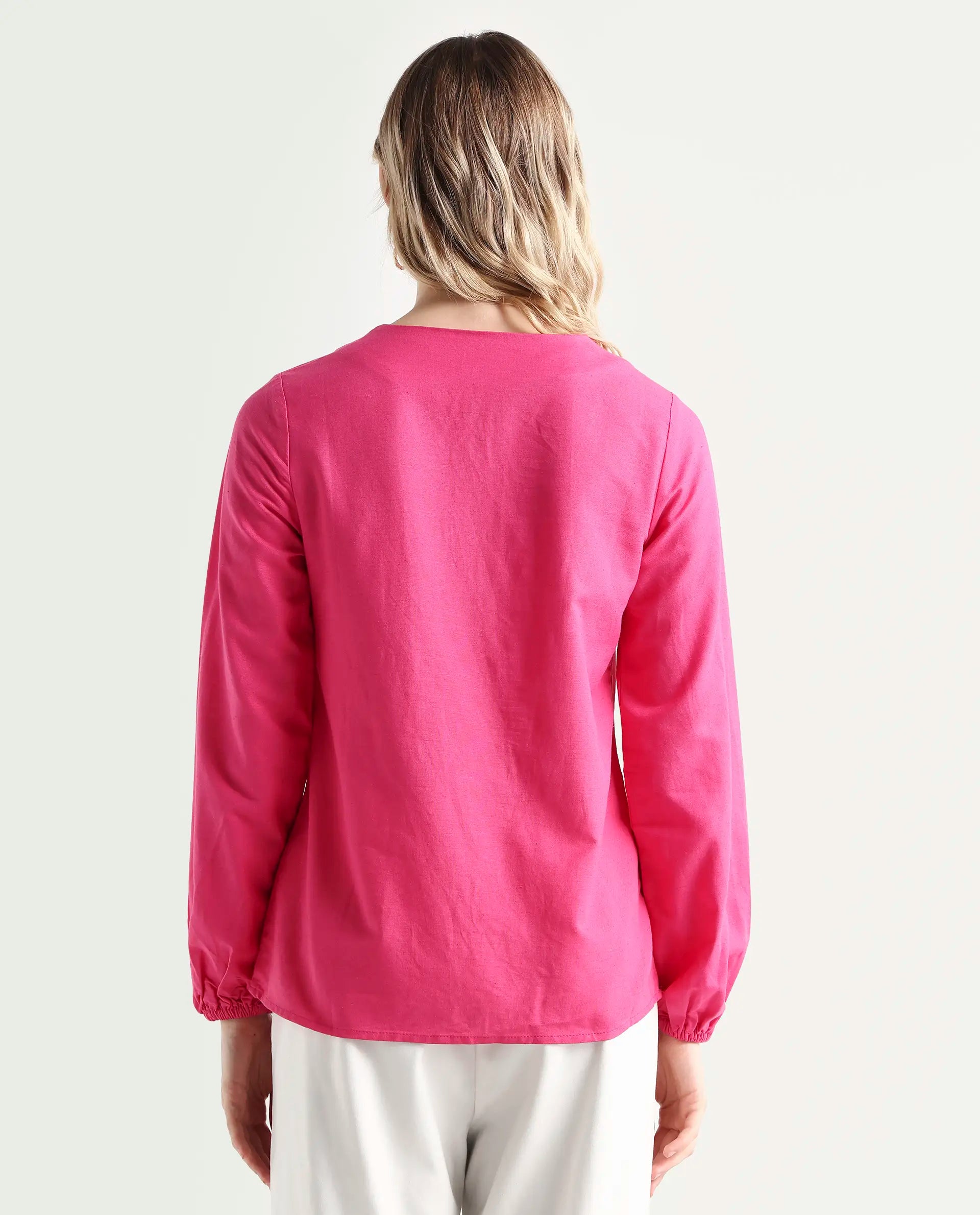 Rareism Women Nulan Pink Bishop Sleeve Tie-Up Neck Plain Top