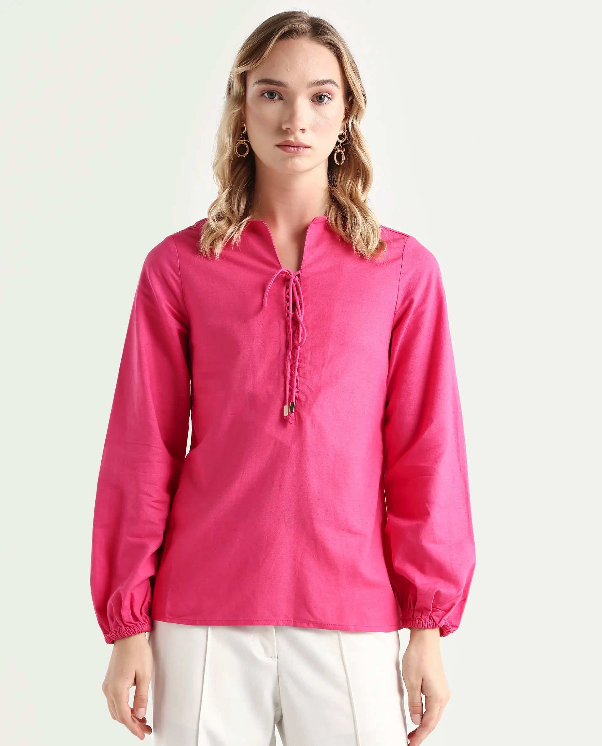 Rareism Women Nulan Pink Bishop Sleeve Tie-Up Neck Plain Top