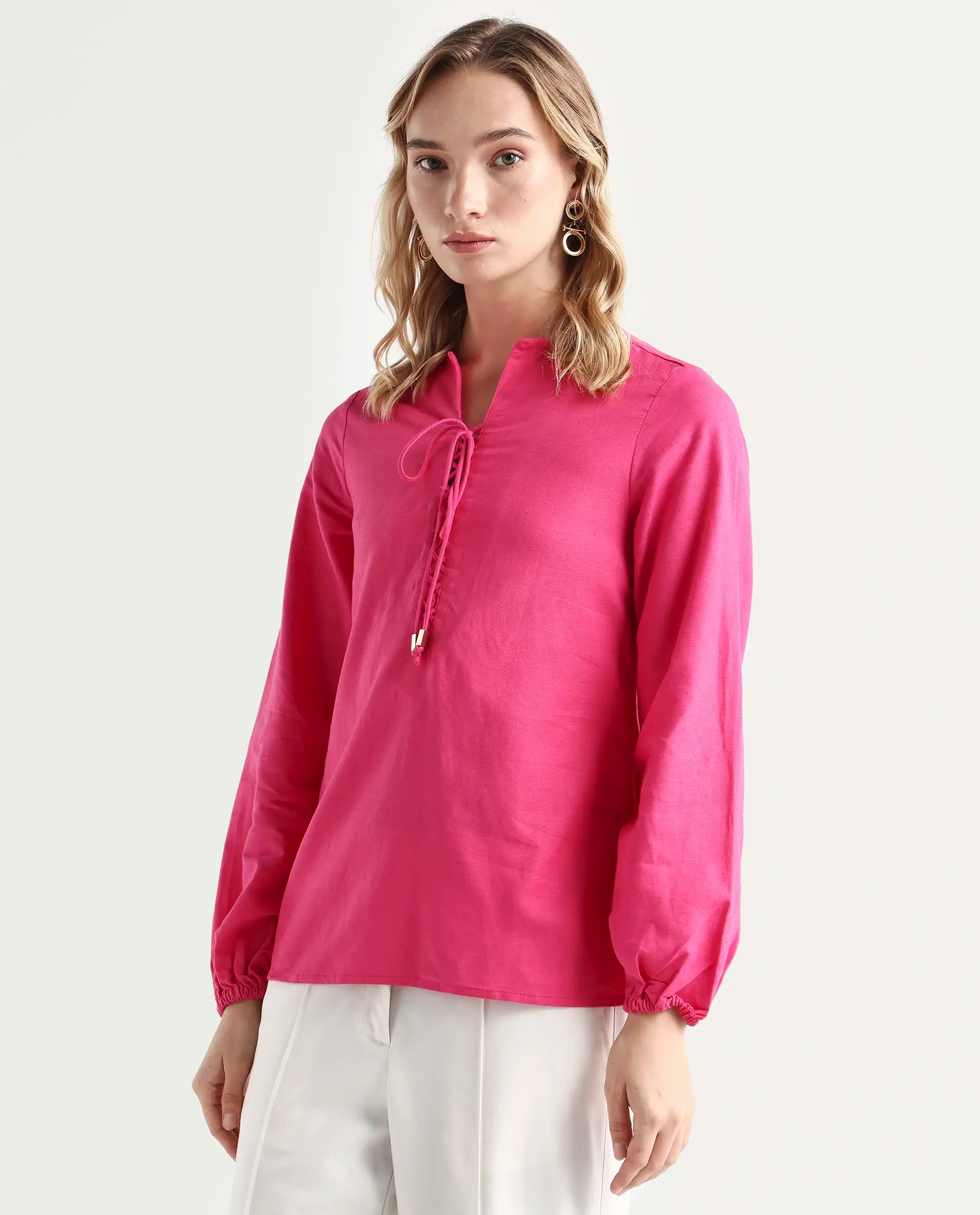 Rareism Women Nulan Pink Bishop Sleeve Tie-Up Neck Plain Top