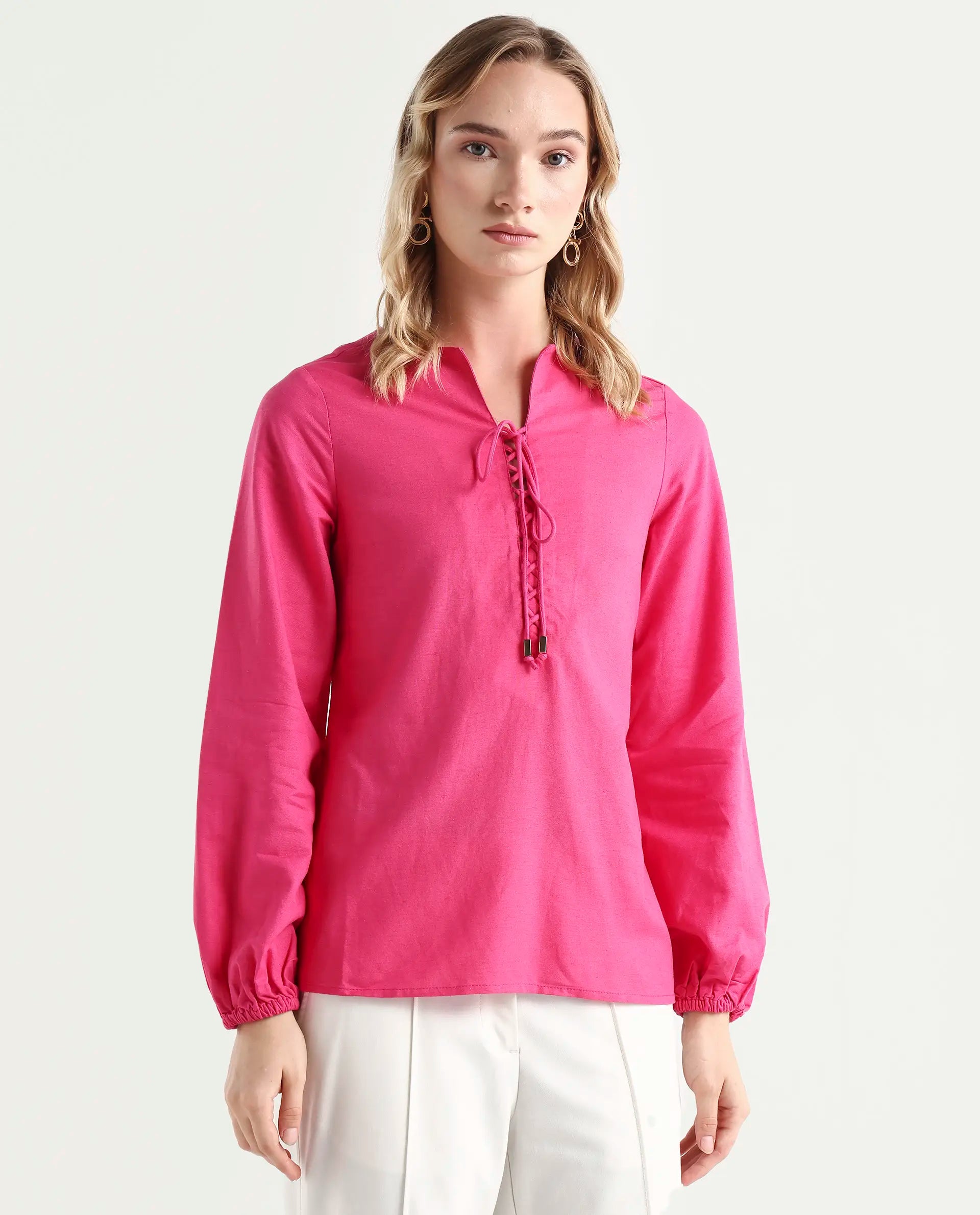 Rareism Women Nulan Pink Bishop Sleeve Tie-Up Neck Plain Top