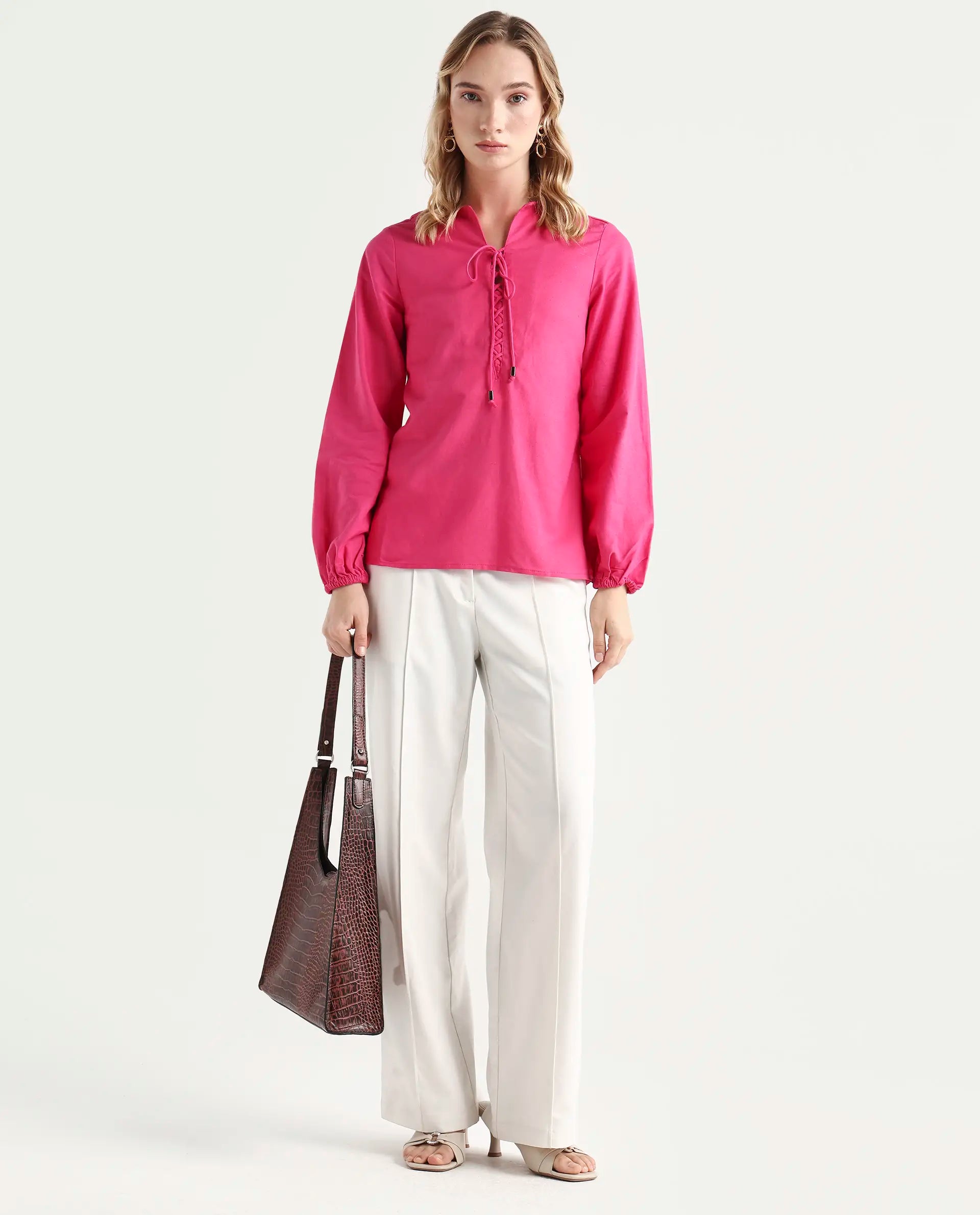 Rareism Women Nulan Pink Bishop Sleeve Tie-Up Neck Plain Top
