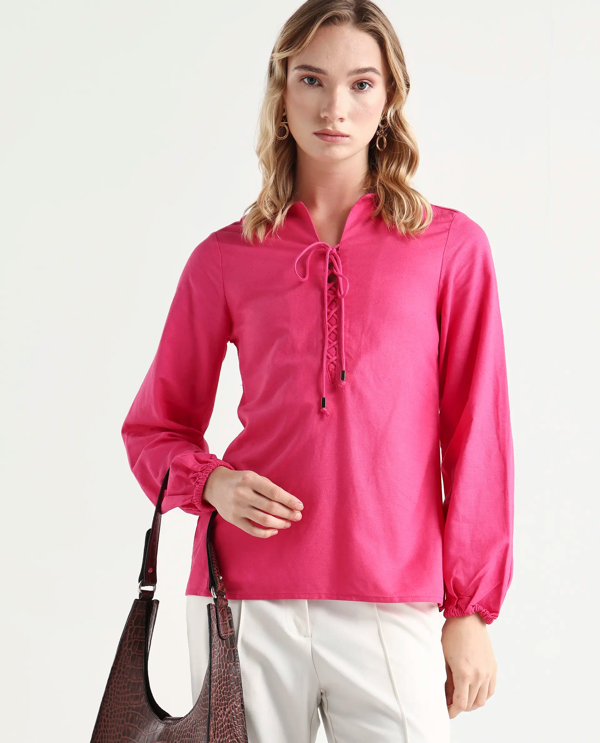 Rareism Women Nulan Pink Bishop Sleeve Tie-Up Neck Plain Top