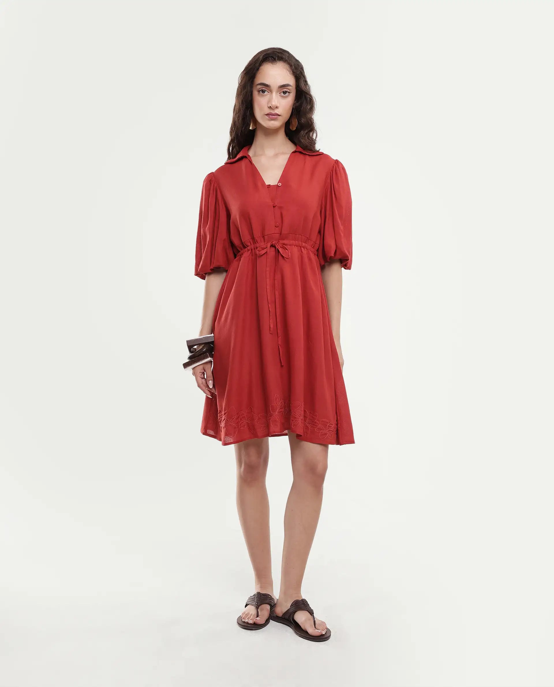 Rareism Women's Juvix Rust Viscose Blend Jonny Collar Fit And Flare Plain Dress
