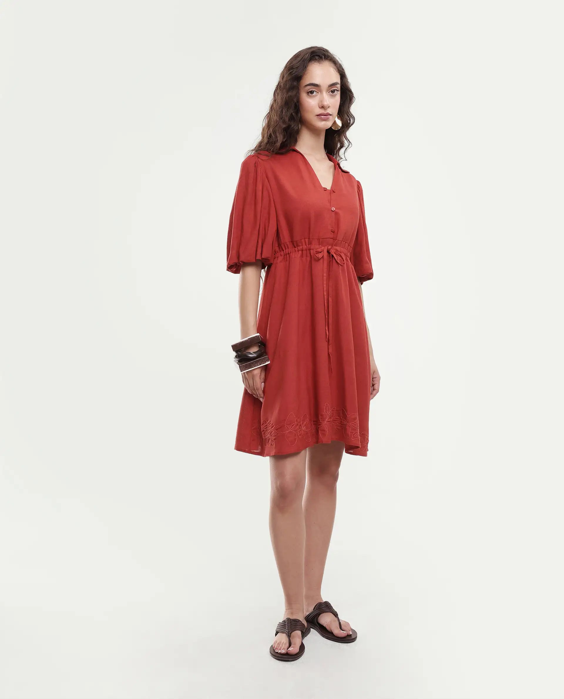 Rareism Women's Juvix Rust Viscose Blend Jonny Collar Fit And Flare Plain Dress