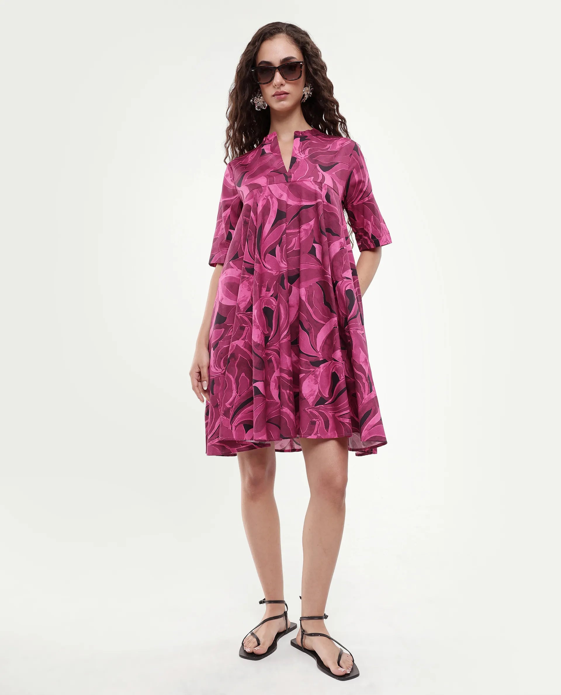 Rareism Women Jenleop Dark Pink Regular Sleeves Mandarin Collar Flared Mini Printed Dress