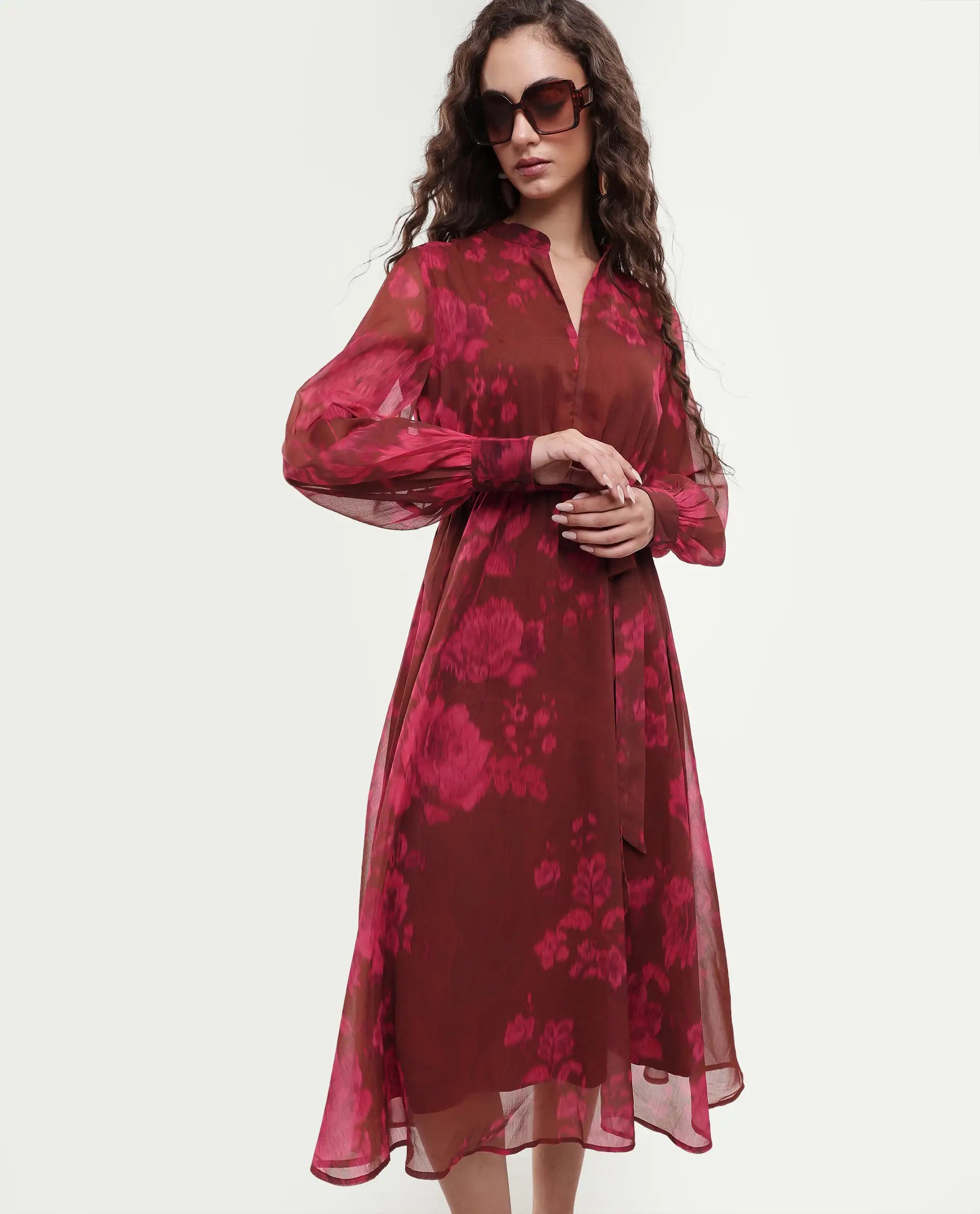 Rareism Women Jeho Brown Cuffed Sleeve Mandarin Collar Flared Midi Printed Dress