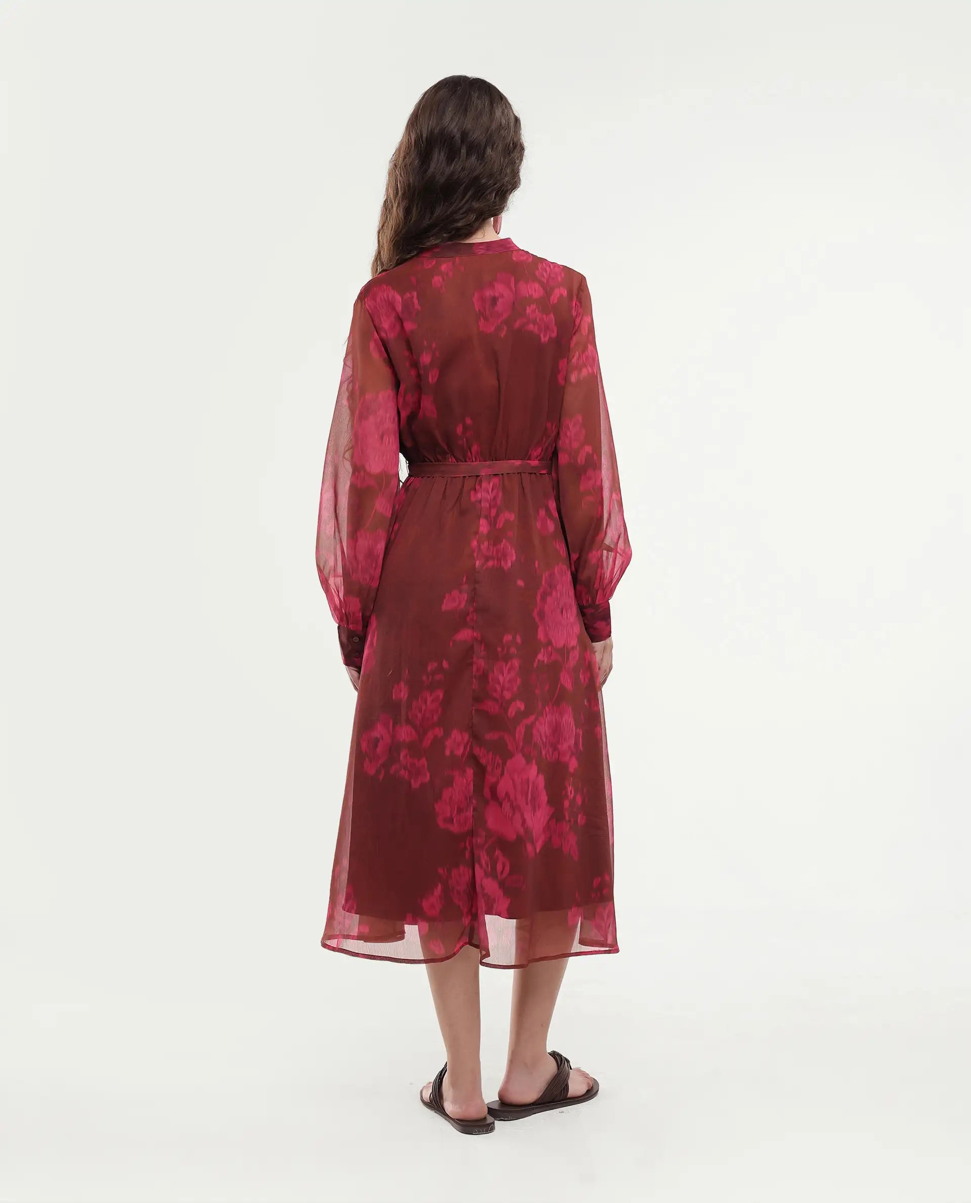 Rareism Women Jeho Brown Cuffed Sleeve Mandarin Collar Flared Midi Printed Dress
