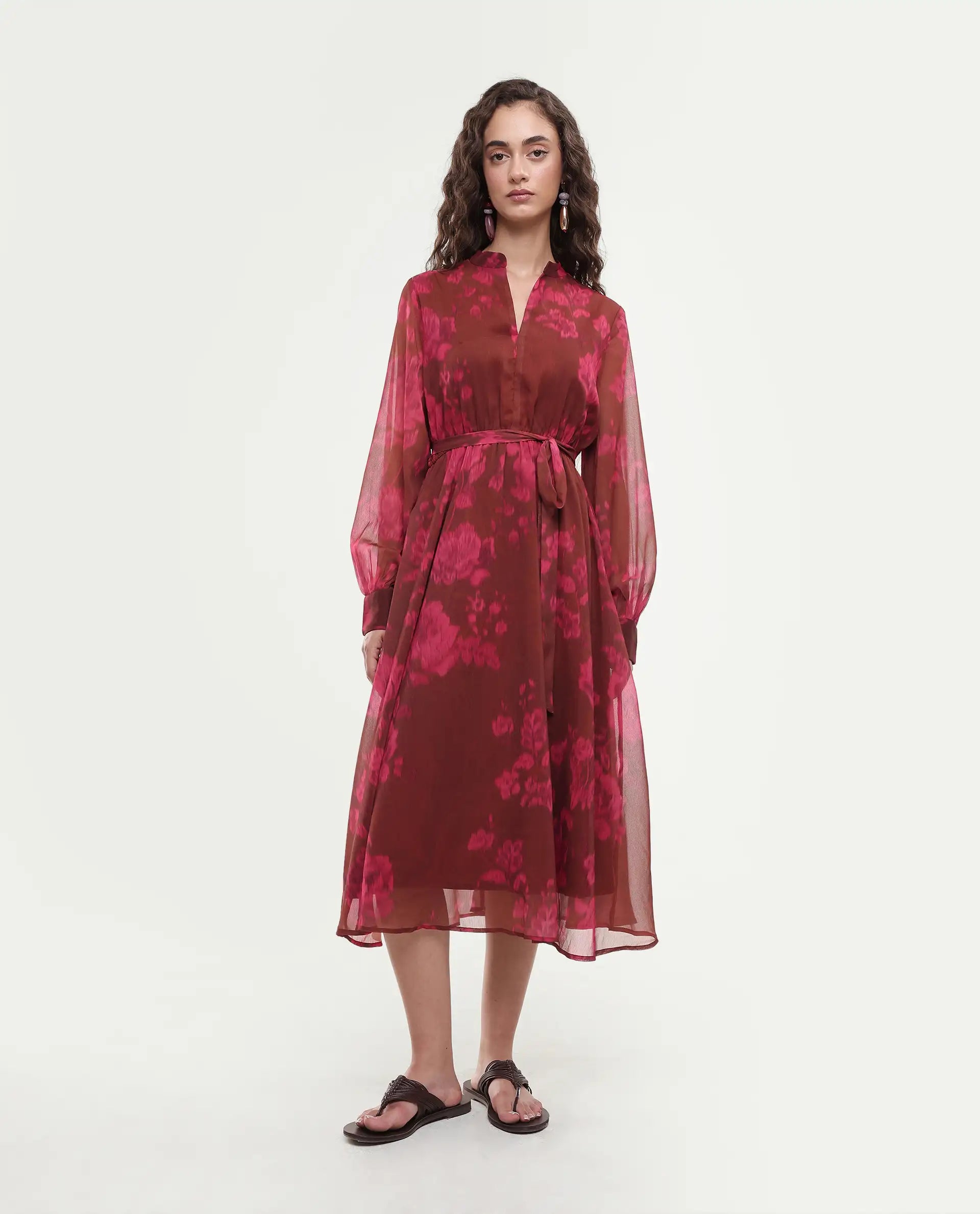 Rareism Women Jeho Brown Cuffed Sleeve Mandarin Collar Flared Midi Printed Dress