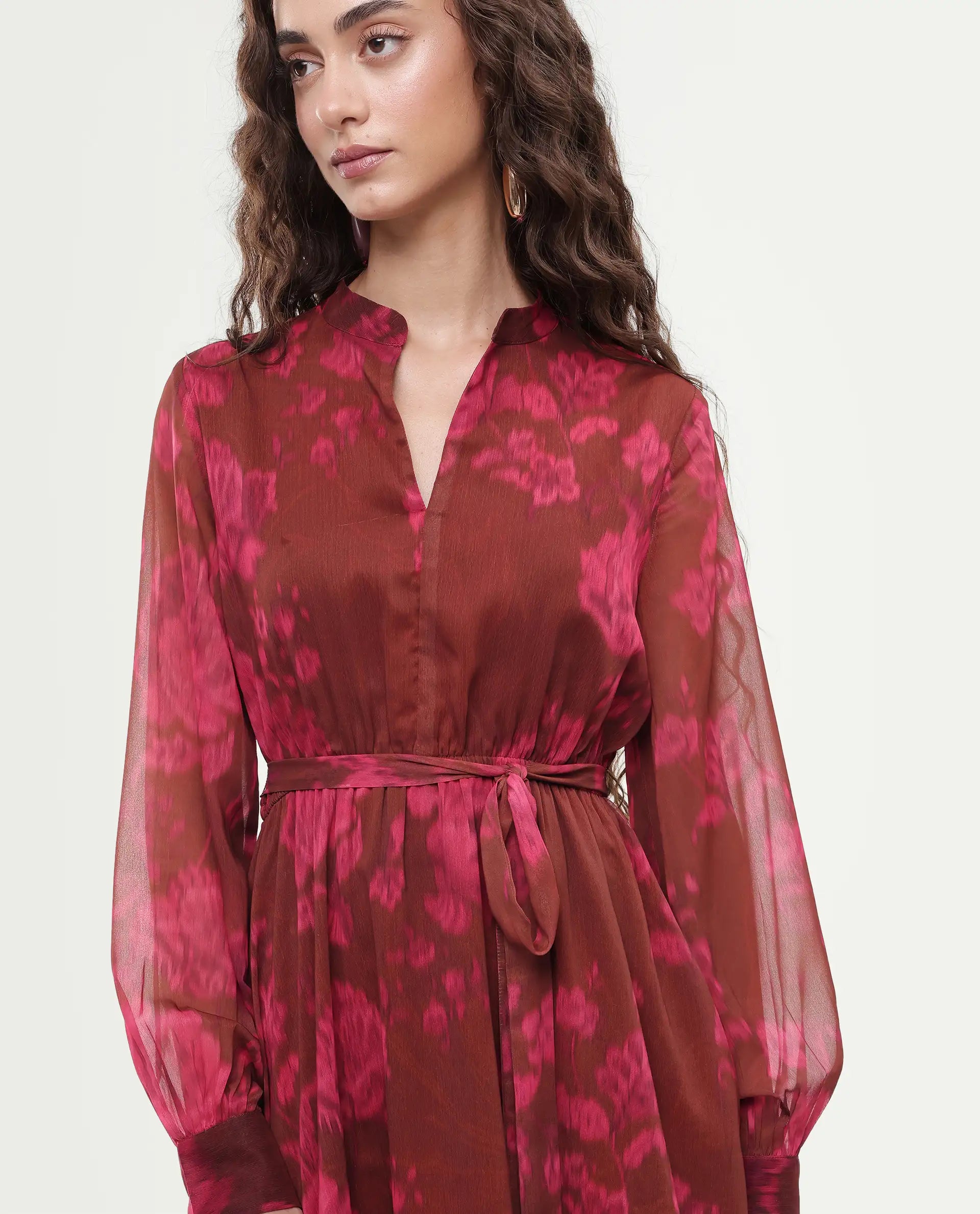 Rareism Women Jeho Brown Cuffed Sleeve Mandarin Collar Flared Midi Printed Dress