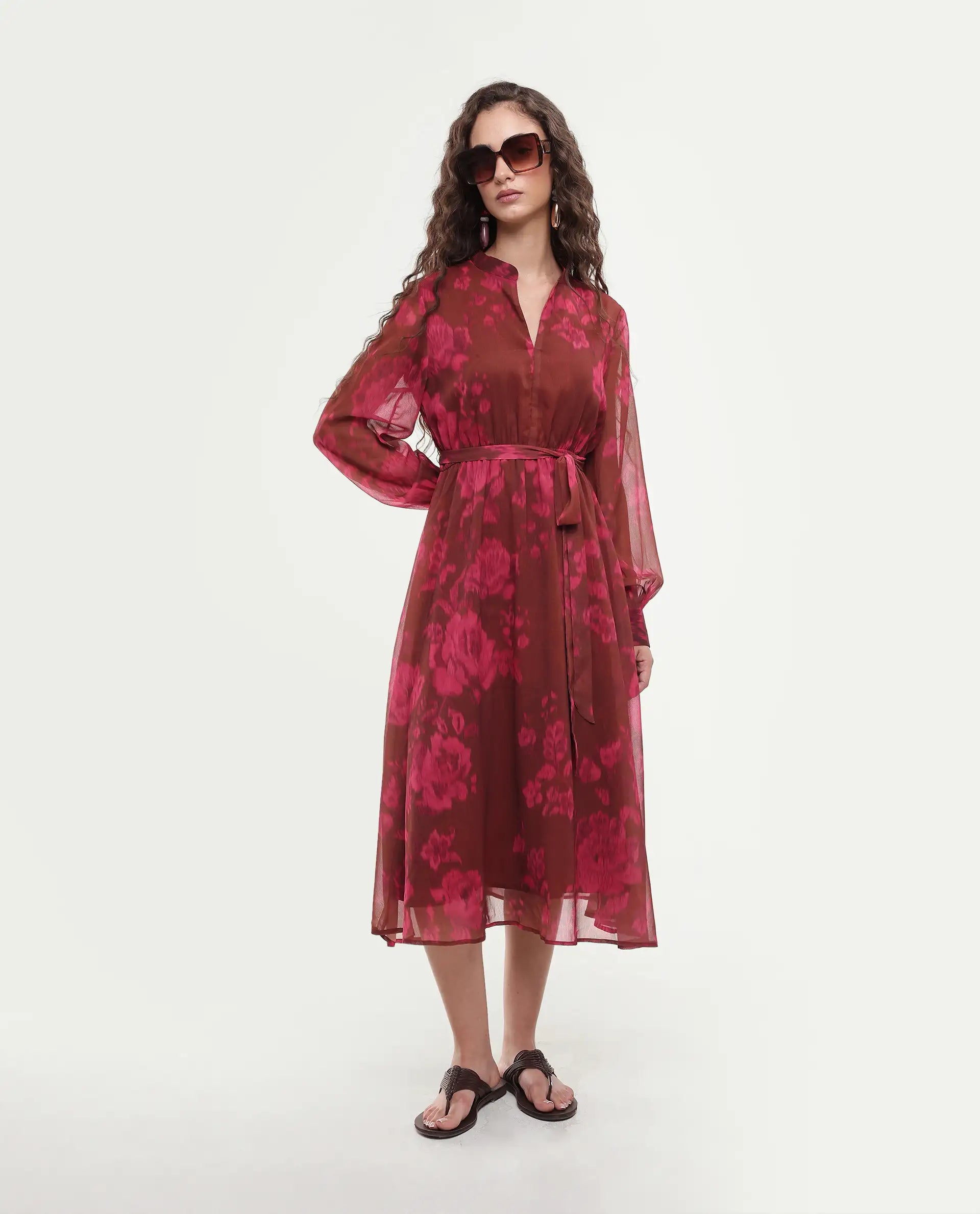 Rareism Women Jeho Brown Cuffed Sleeve Mandarin Collar Flared Midi Printed Dress
