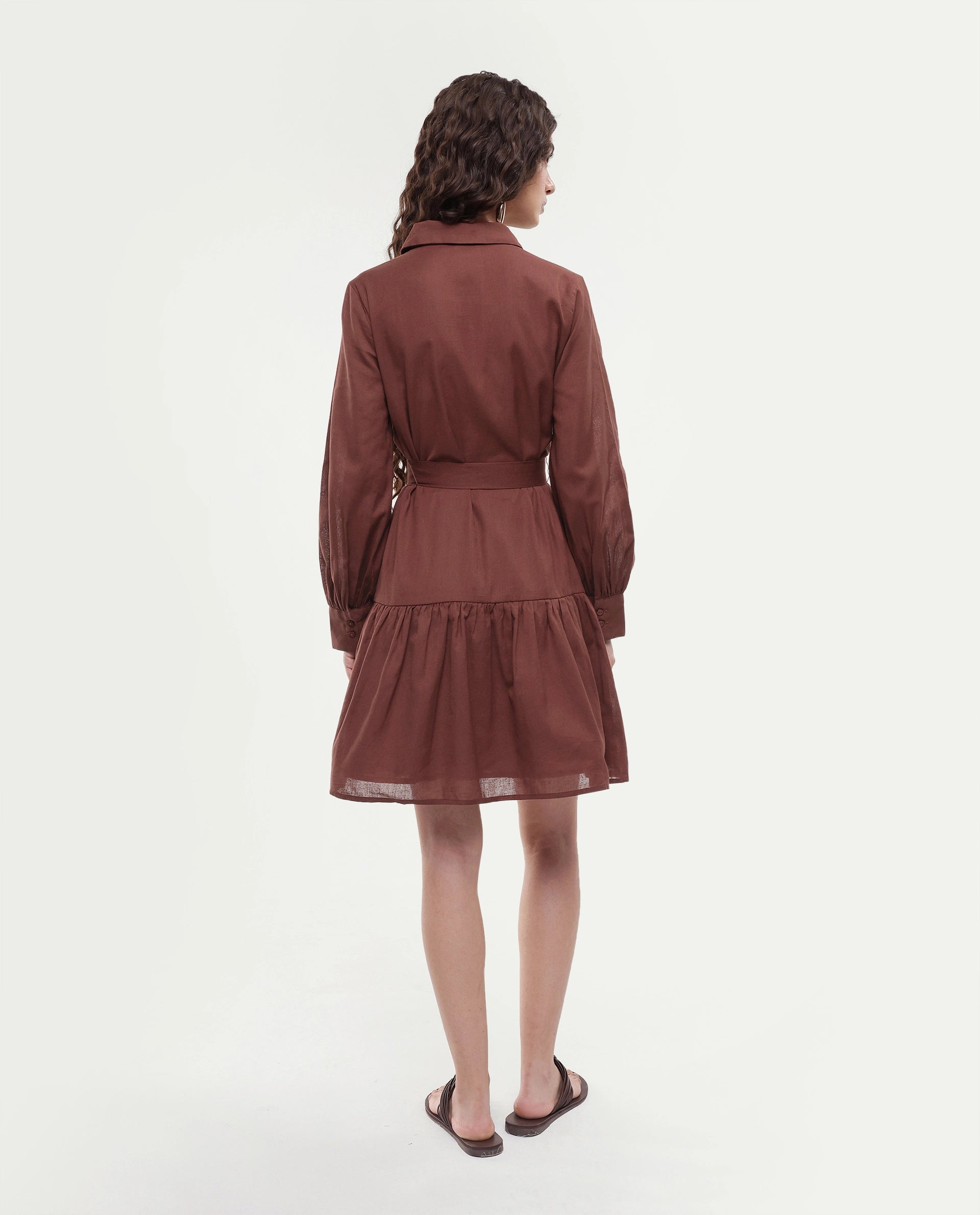 Rareism Women's Jenron Brown Cotton Blend Cuffed Sleeve Collared Neck Flared Fit Plain Dress