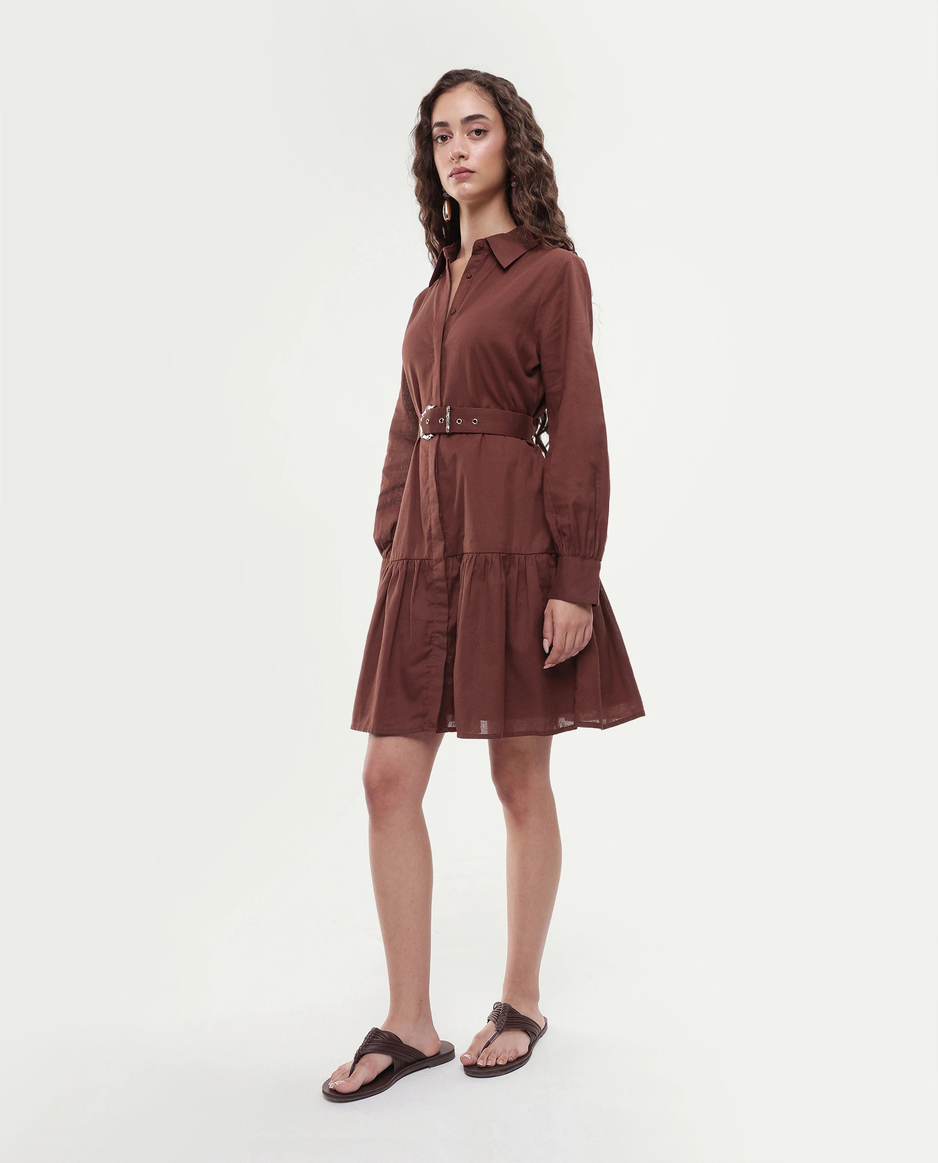 Rareism Women's Jenron Brown Cotton Blend Cuffed Sleeve Collared Neck Flared Fit Plain Dress