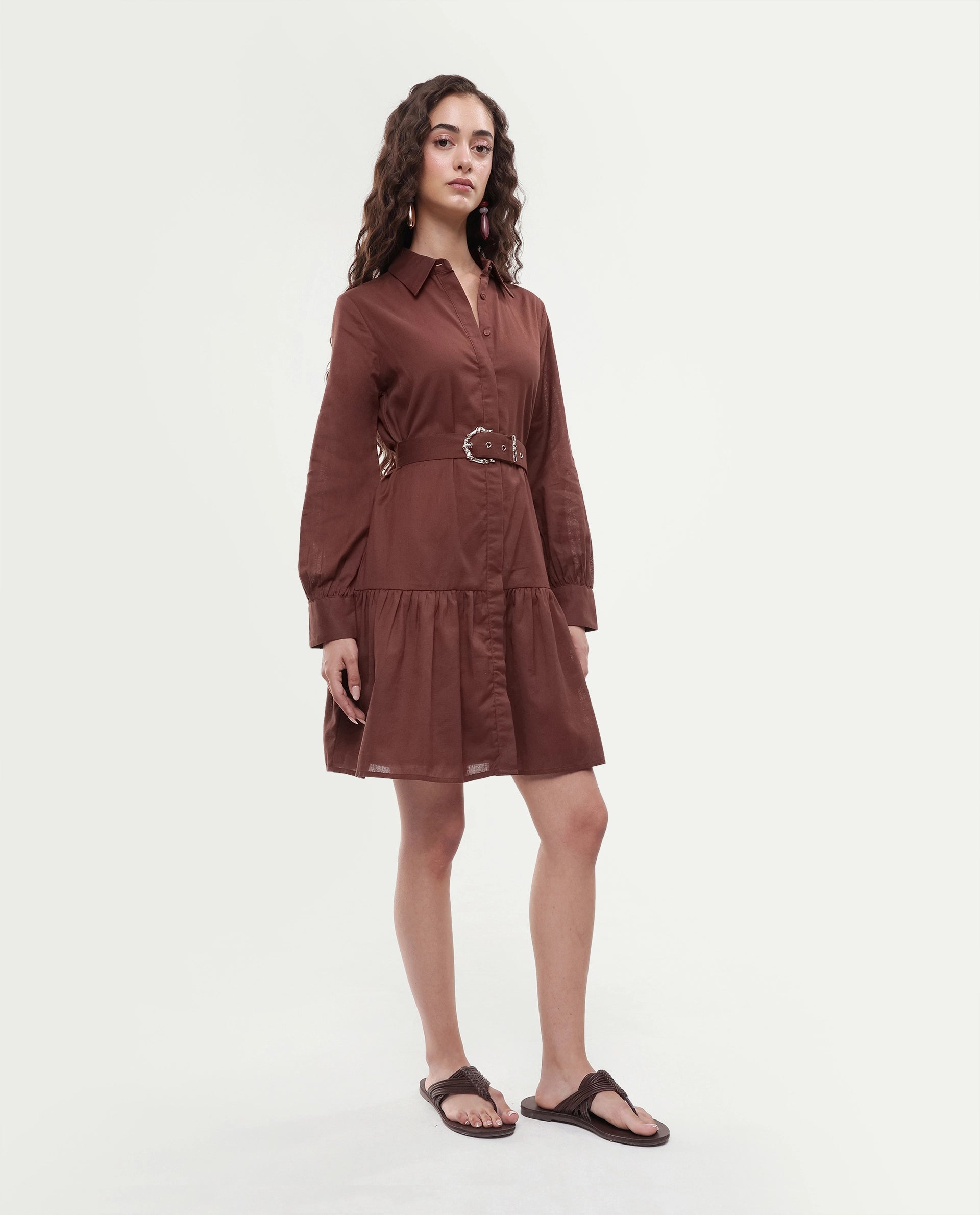 Rareism Women's Jenron Brown Cotton Blend Cuffed Sleeve Collared Neck Flared Fit Plain Dress