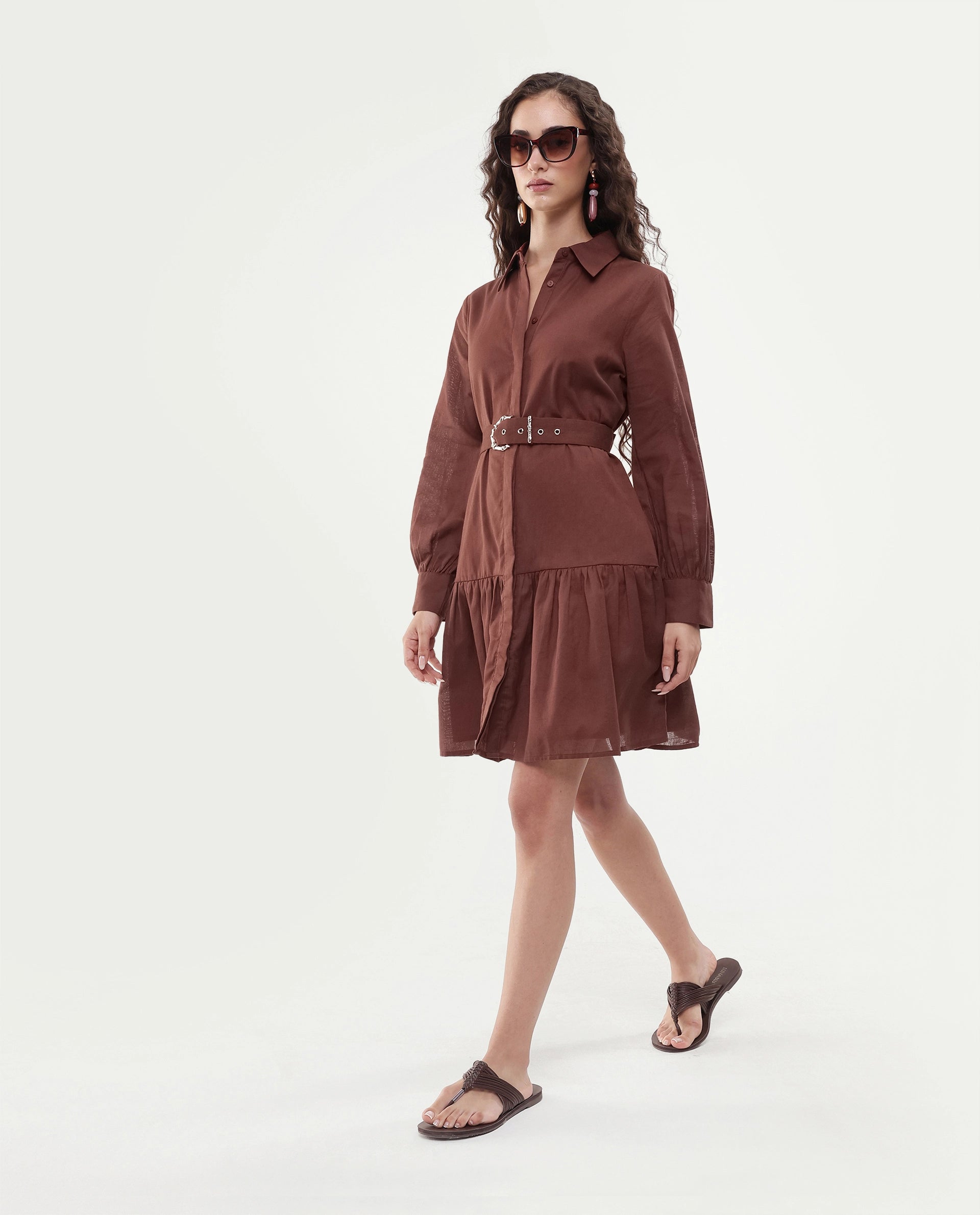 Rareism Women's Jenron Brown Cotton Blend Cuffed Sleeve Collared Neck Flared Fit Plain Dress