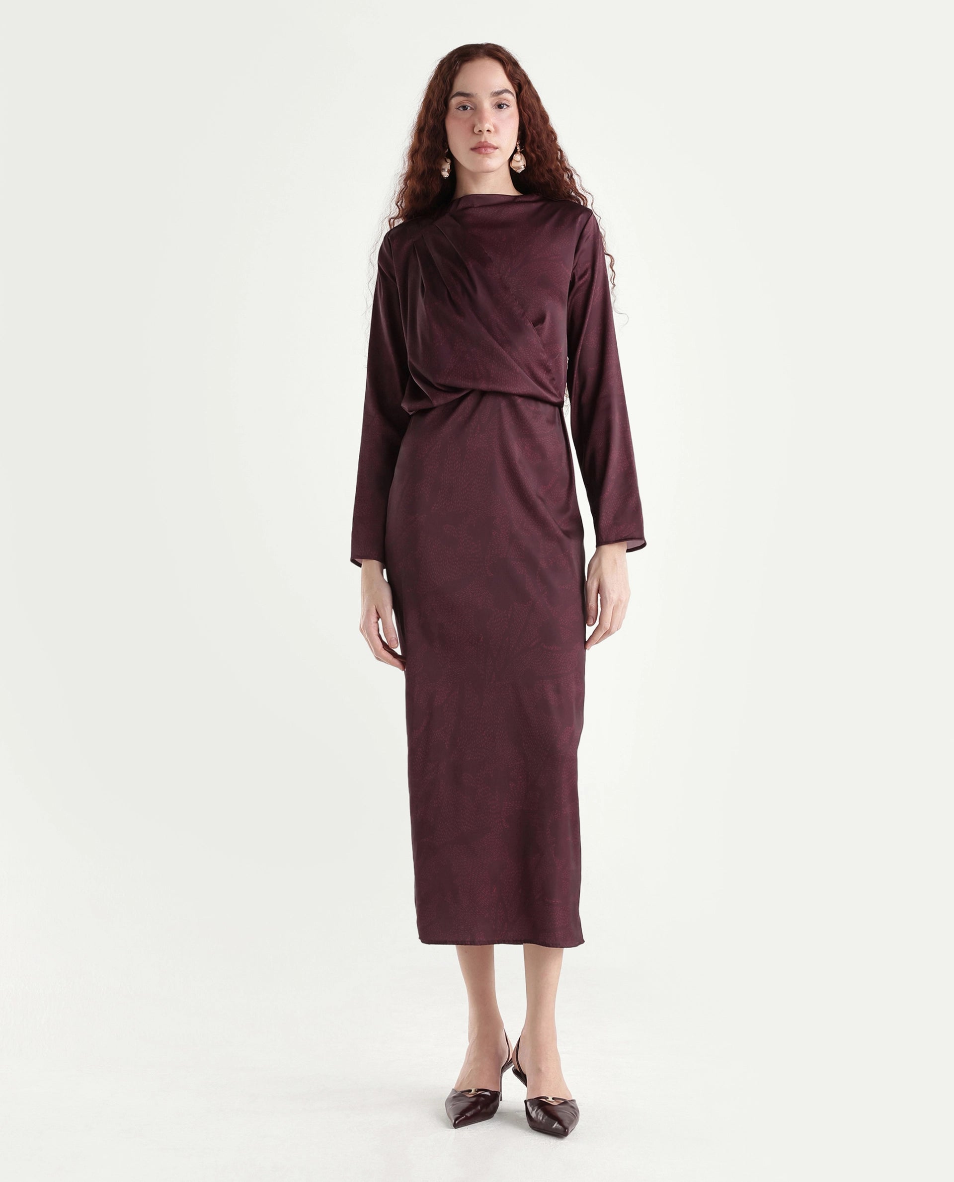 Rareism Women's Jusat Maroon Polyester Cowl Neck Straight Fit Dress