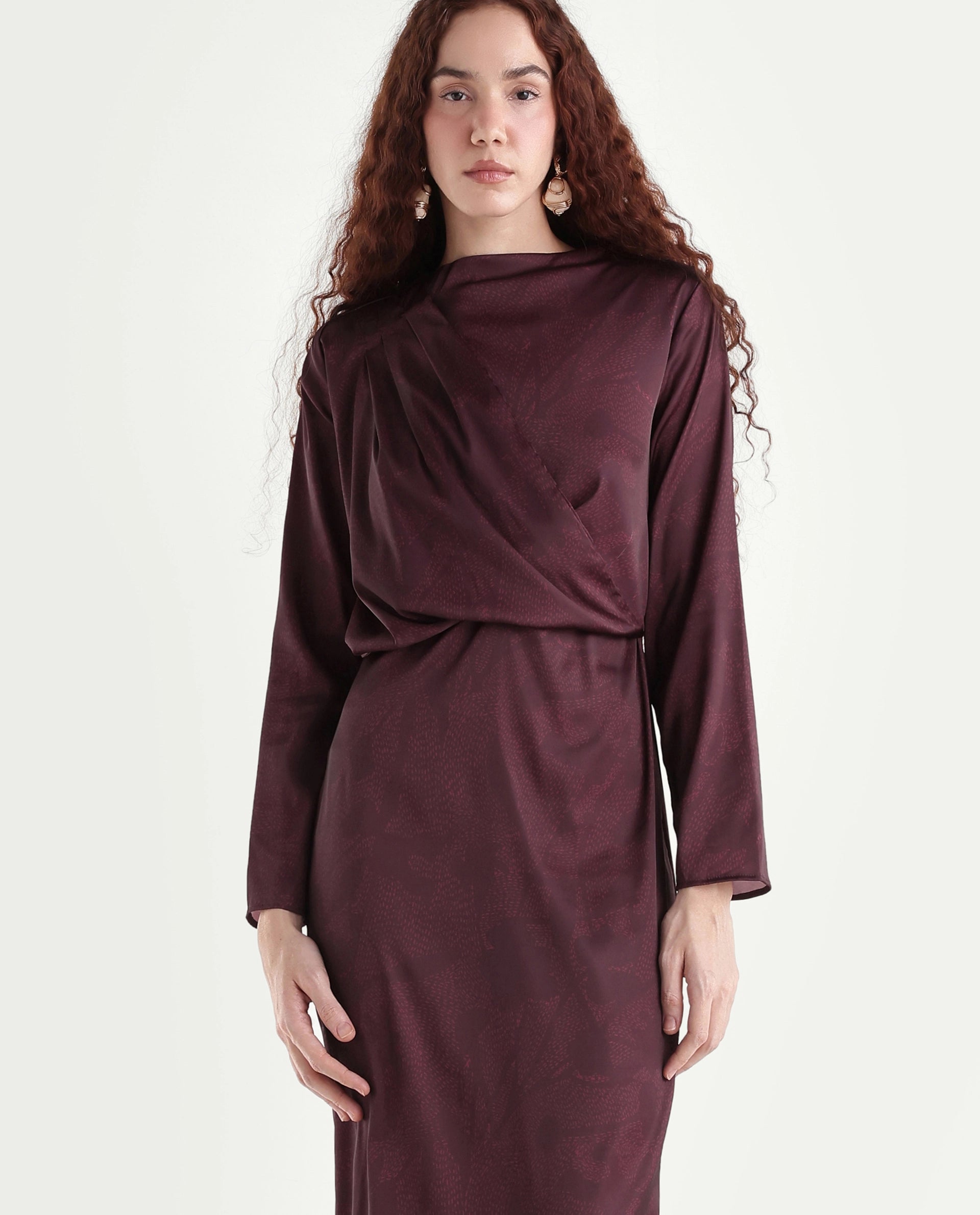 Rareism Women's Jusat Maroon Polyester Cowl Neck Straight Fit Dress