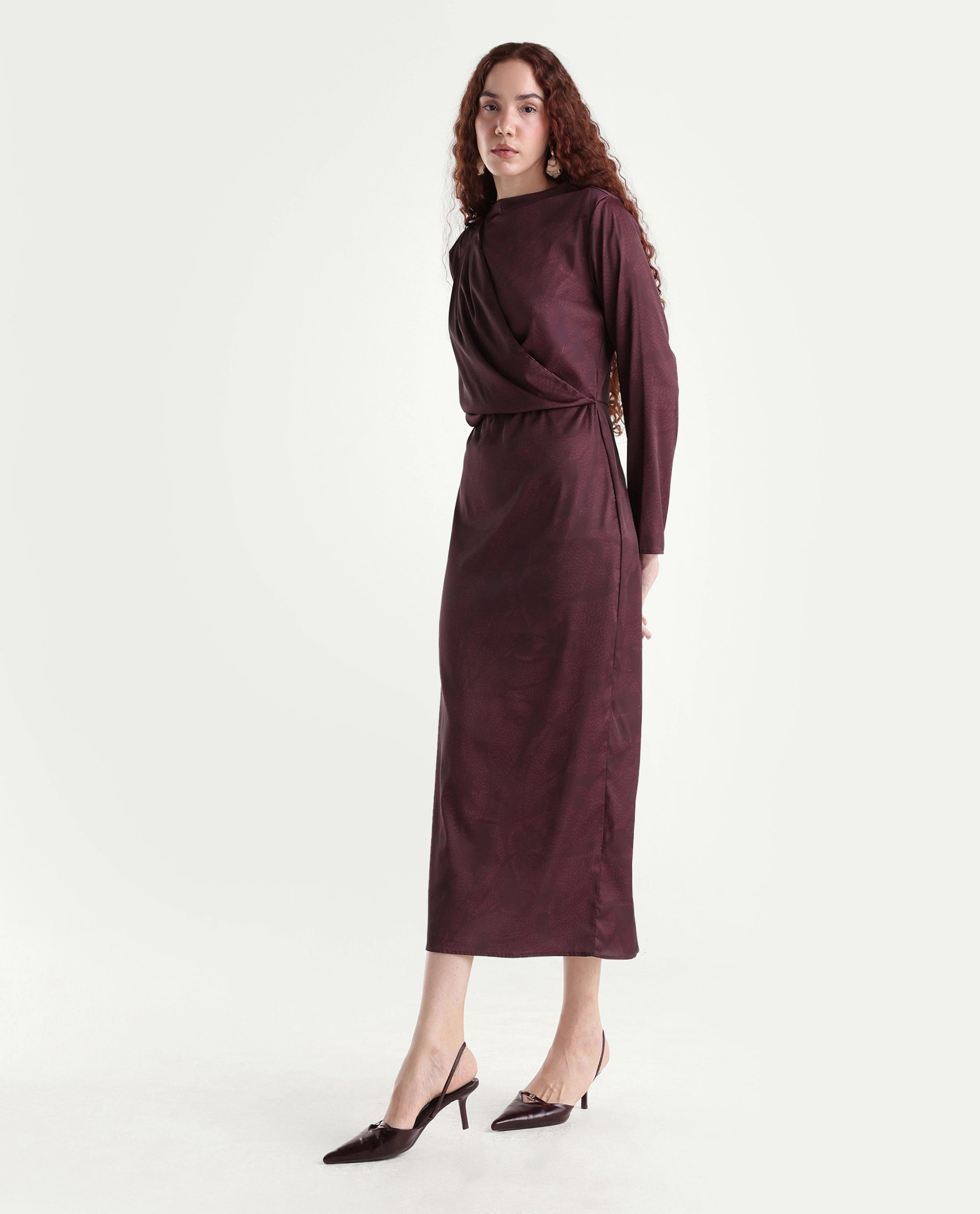 Rareism Women's Jusat Maroon Polyester Cowl Neck Straight Fit Dress