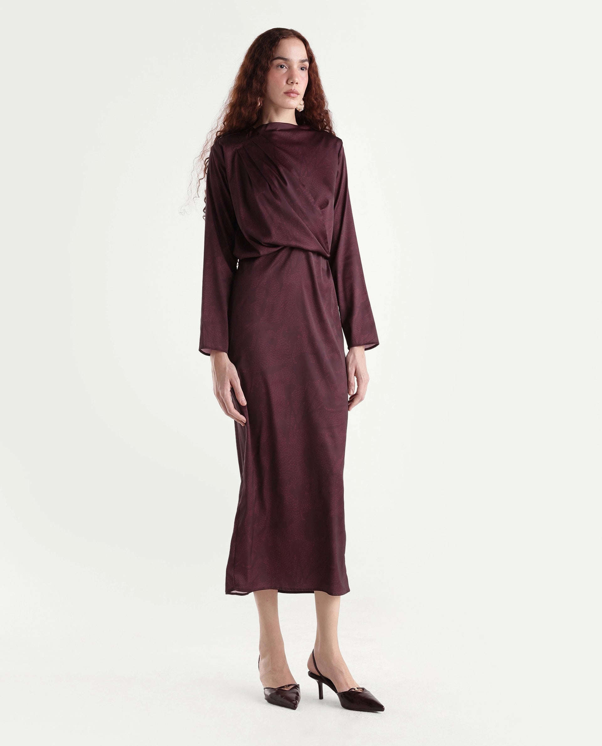 Rareism Women's Jusat Maroon Polyester Cowl Neck Straight Fit Dress