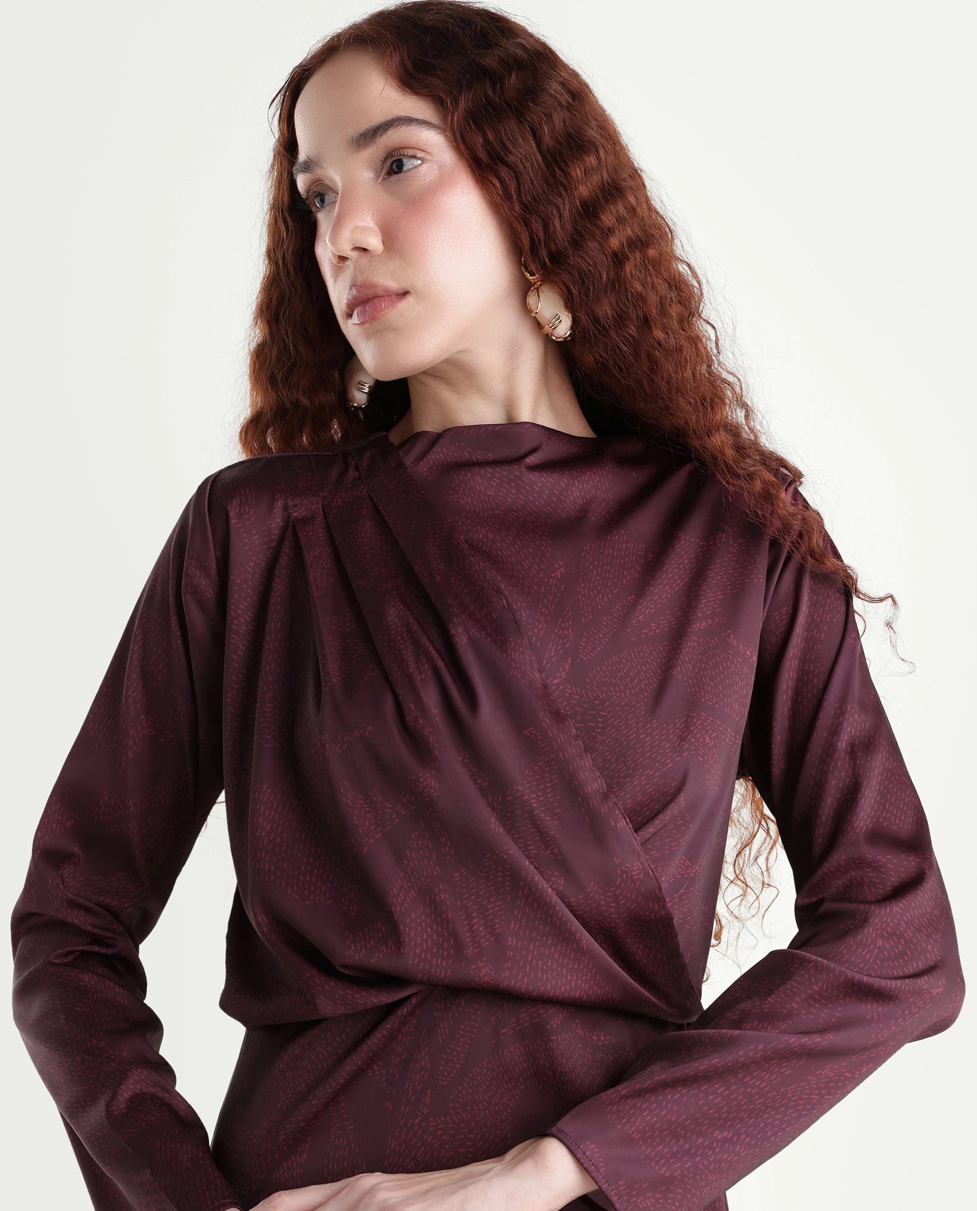 Rareism Women's Jusat Maroon Polyester Cowl Neck Straight Fit Dress