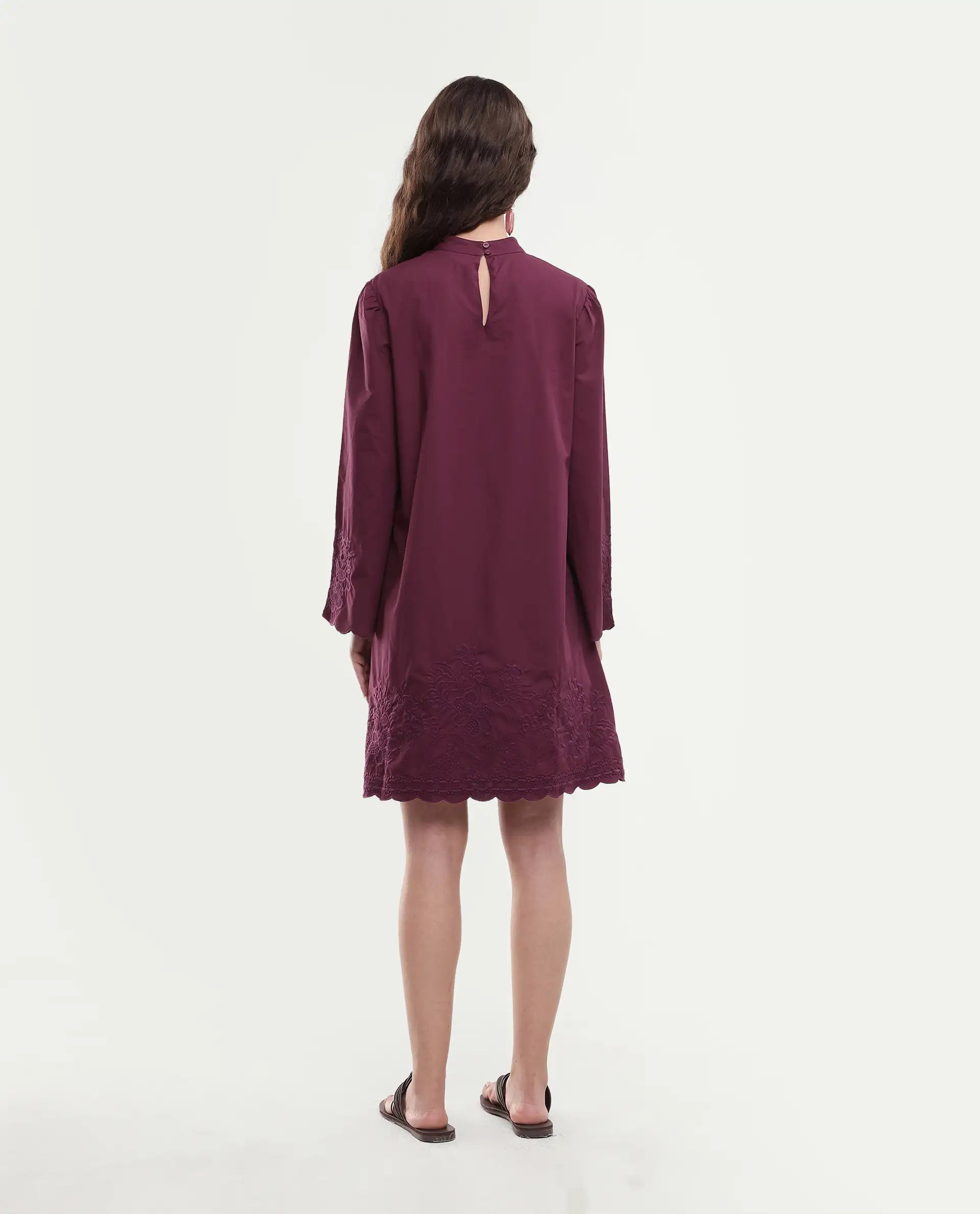Rareism Women's Jenmin Maroon Cotton Bell Sleeves Mandarin Collar A-Line Fit Plain Dress