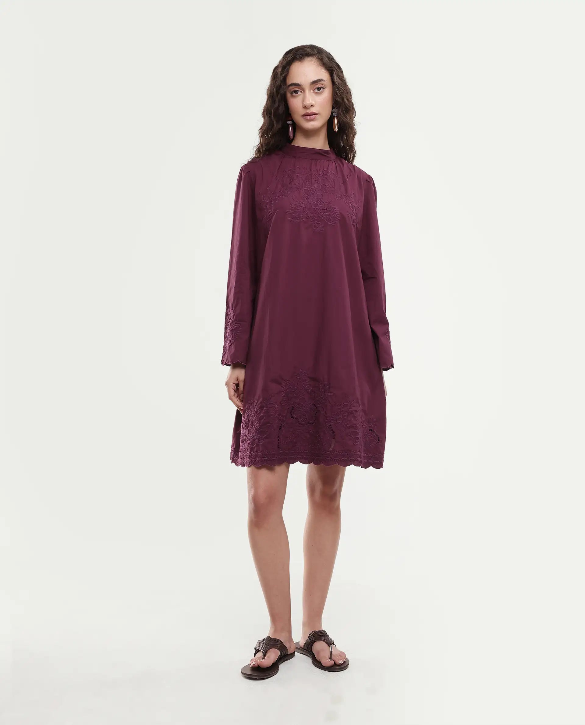 Rareism Women's Jenmin Maroon Cotton Bell Sleeves Mandarin Collar A-Line Fit Plain Dress