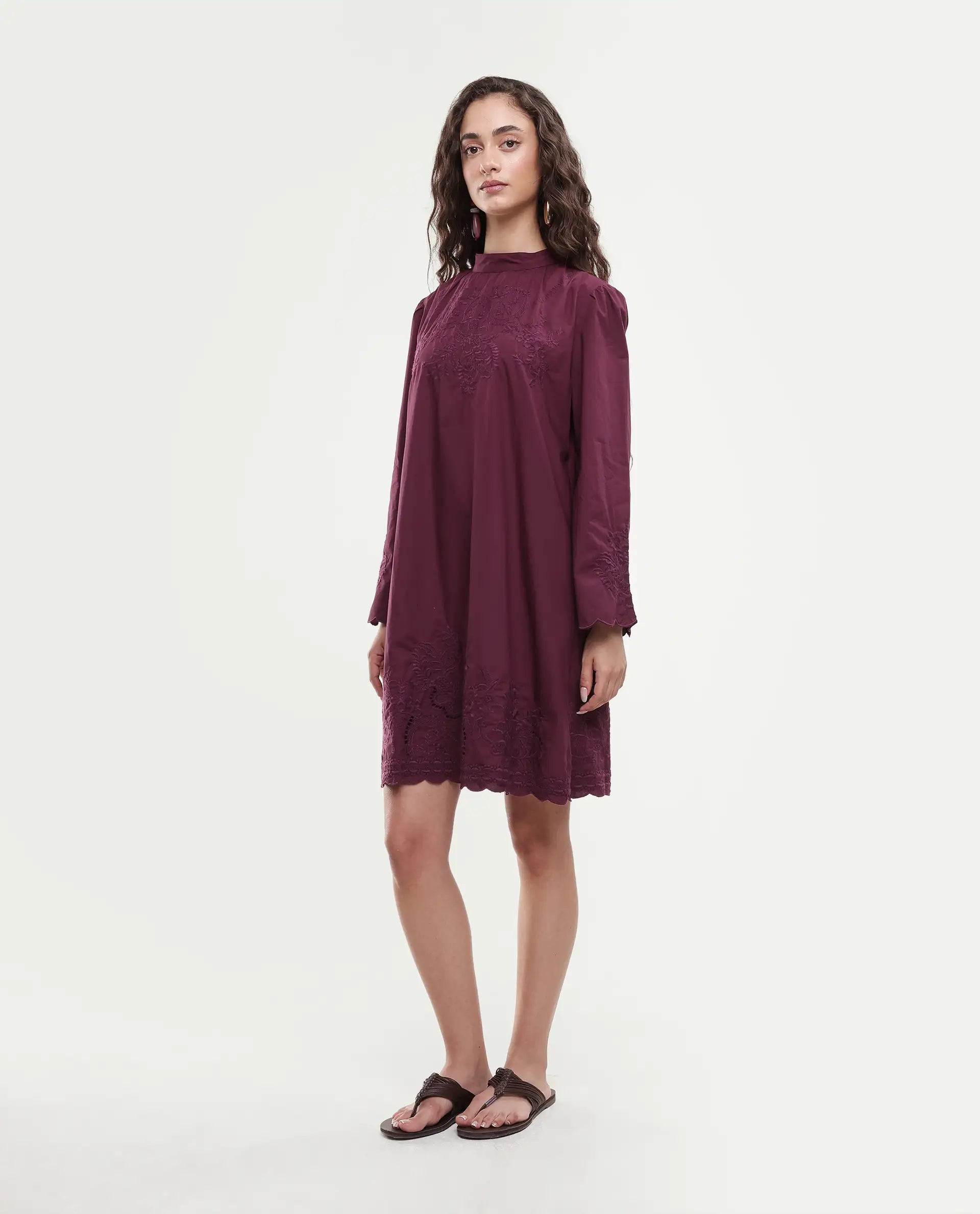Rareism Women's Jenmin Maroon Cotton Bell Sleeves Mandarin Collar A-Line Fit Plain Dress
